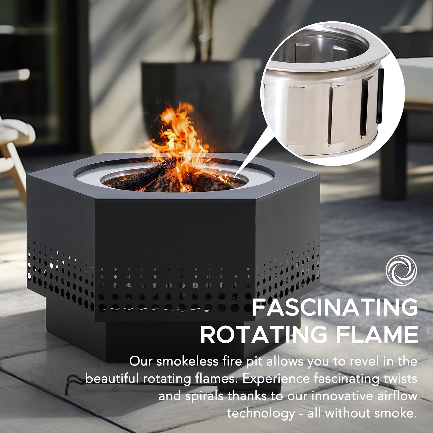SUNJOY Smokeless Fire Pit 28-Inch Hexagonal Firepit for Outdoor, Stainless Steel Wood Burning Fireplace with Removable Ash Pan, PVC Cover and Fire Poker, Ideal for Camping, Bonfire, Backyard, Black