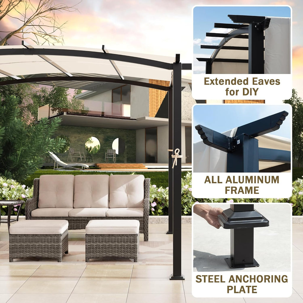 10' x 10' Arched Top Outdoor Pergola, Pergola Canopy with with Adjustable and Retractable Canopy for Patio Use, Metal Pergola with Durable and Sturdy Frame & Water-Resistant Canopy, Beige