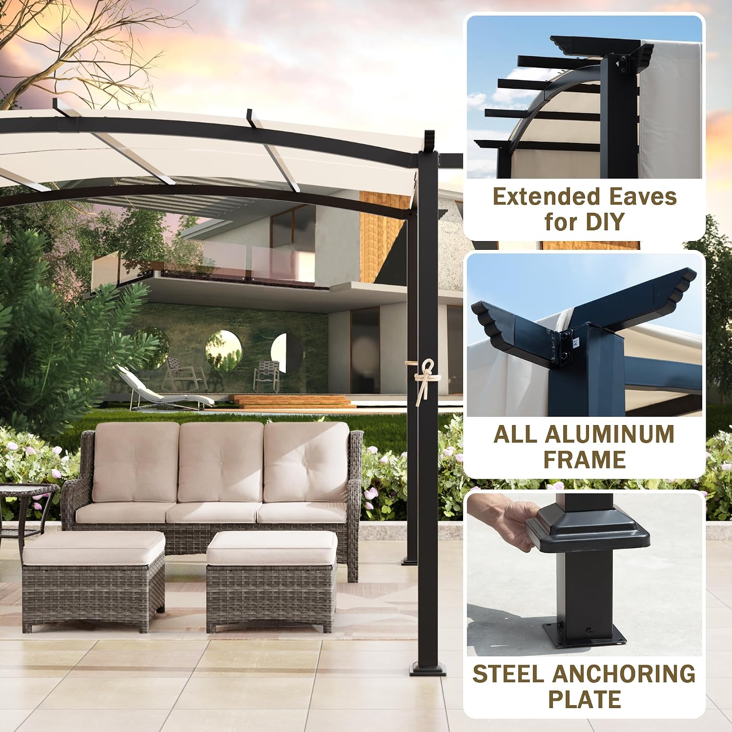 10' x 10' Arched Top Outdoor Pergola, Pergola Canopy with with Adjustable and Retractable Canopy for Patio Use, Metal Pergola with Durable and Sturdy Frame & Water-Resistant Canopy, Beige