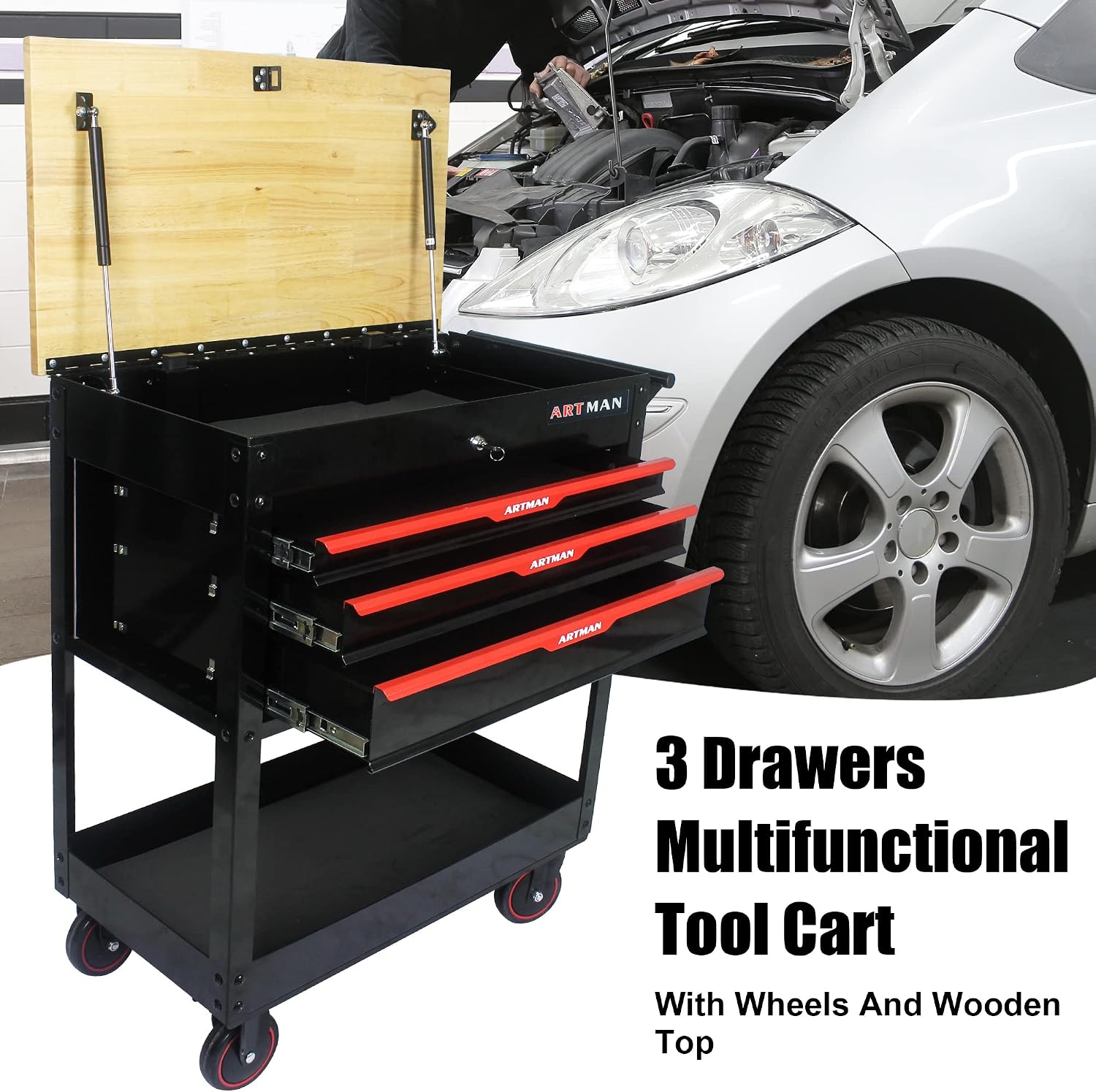 3 Drawers Tool Cart on Wheels,Tool Storage Box with Wooden Top,Drawers Rolling Tool Box Organizer Tool Case for Garage,Warehouse,Workshop,Repair Shop (3 Drawers-38.5'H-Black&Red)