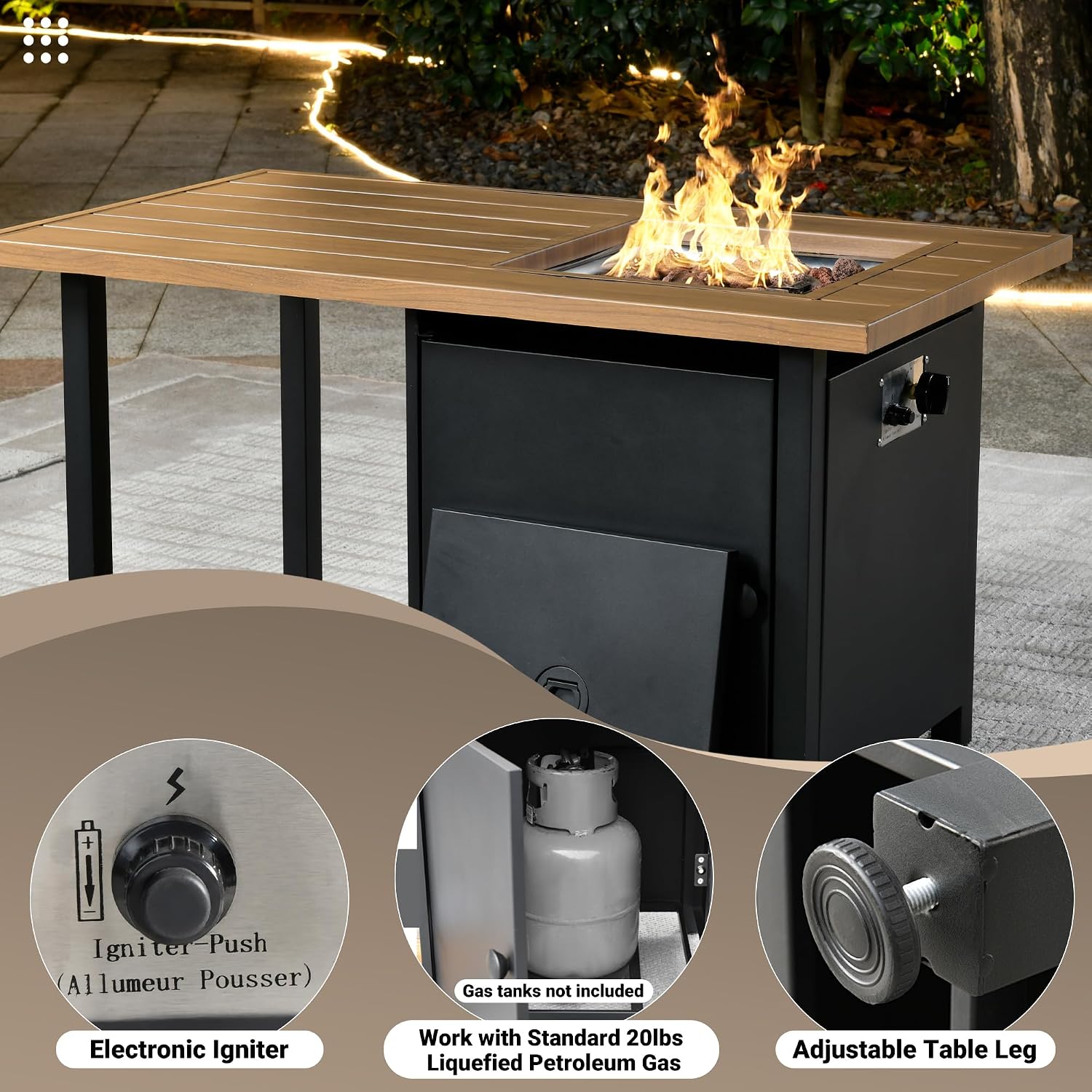 OVIOS 46 Inch Outdoor Patio Fire Pit Table, 50,000 BTU Heater Metal Steel Frame Propane Firepits with Storage Space, Wood-Like Tabletop, Waterproof Cover, Lid, Lava Rock, Black