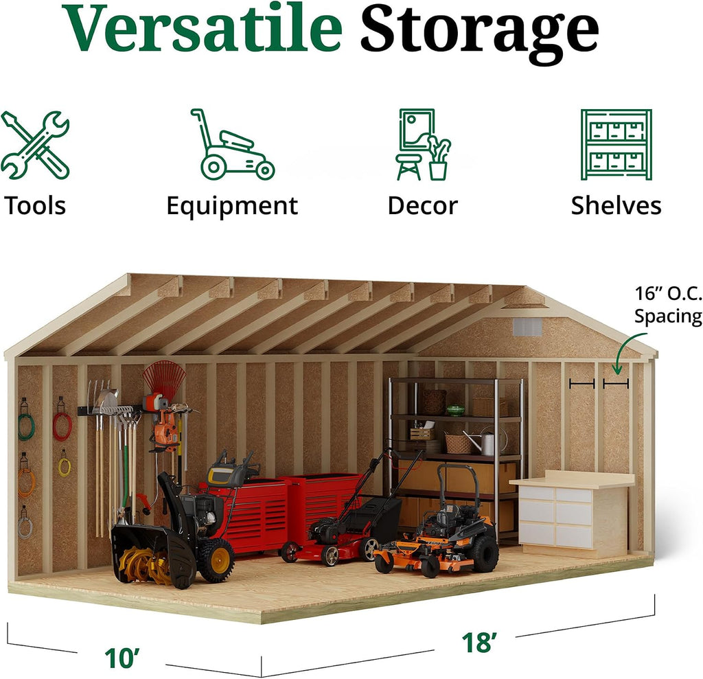 Little Cottage Co. 10x18 Classic Gable Shed with Floor, Outdoor Wood Storage Do-It-Yourself Precut Kit