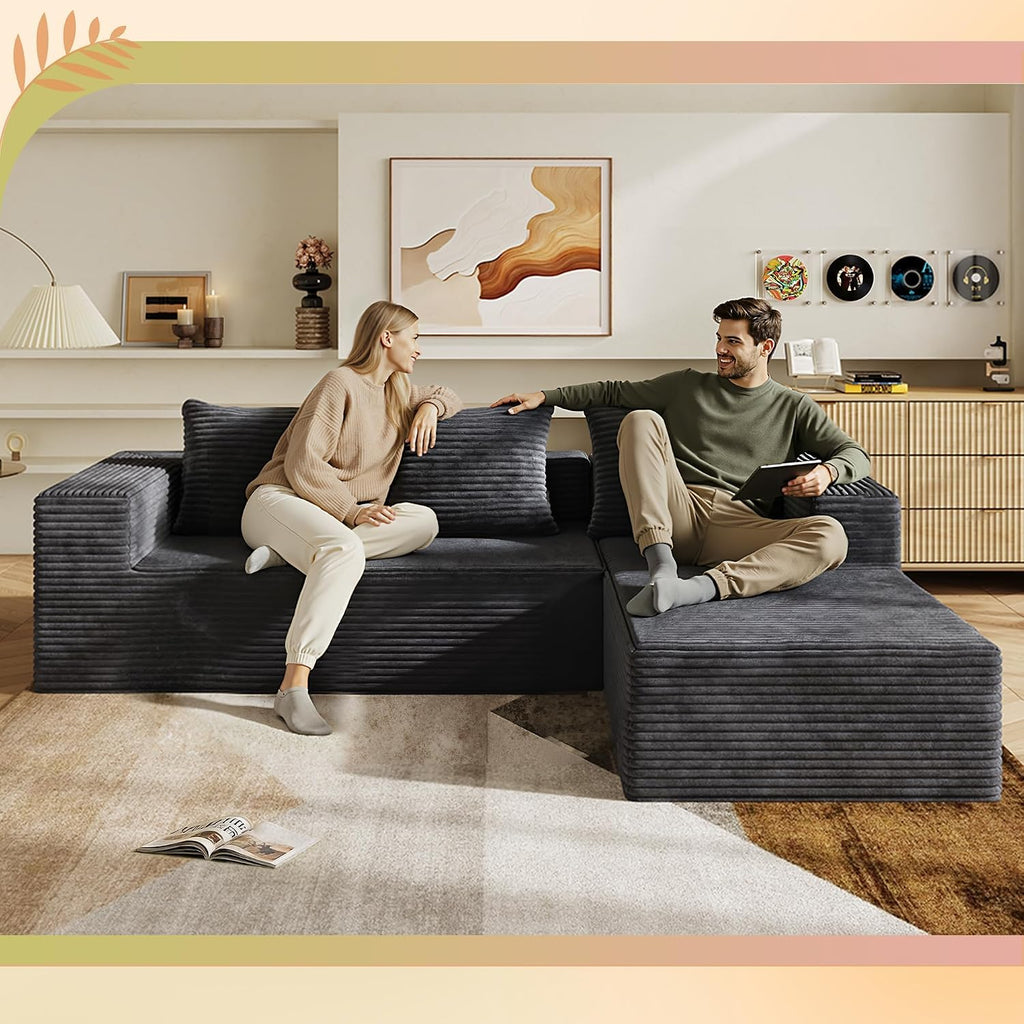 WLIVE 104'' Cloud Sectional Couches for Living Room, Modular Boneless Couch with Left Facing Chaise, L Shape Memory Foam Corduroy, with Cushion, Grey