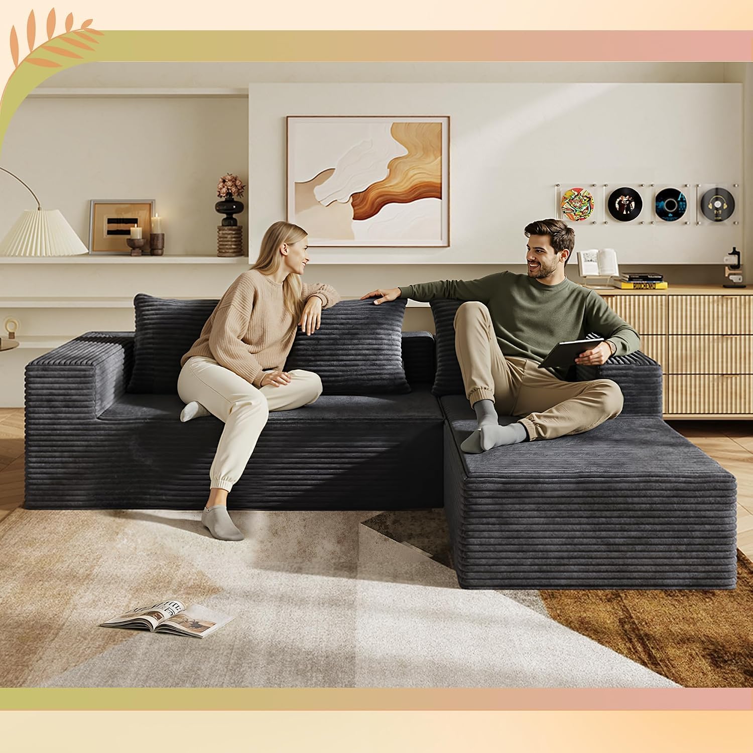 WLIVE 104'' Cloud Sectional Couches for Living Room, Modular Boneless Couch with Left Facing Chaise, L Shape Memory Foam Corduroy, with Cushion, Grey