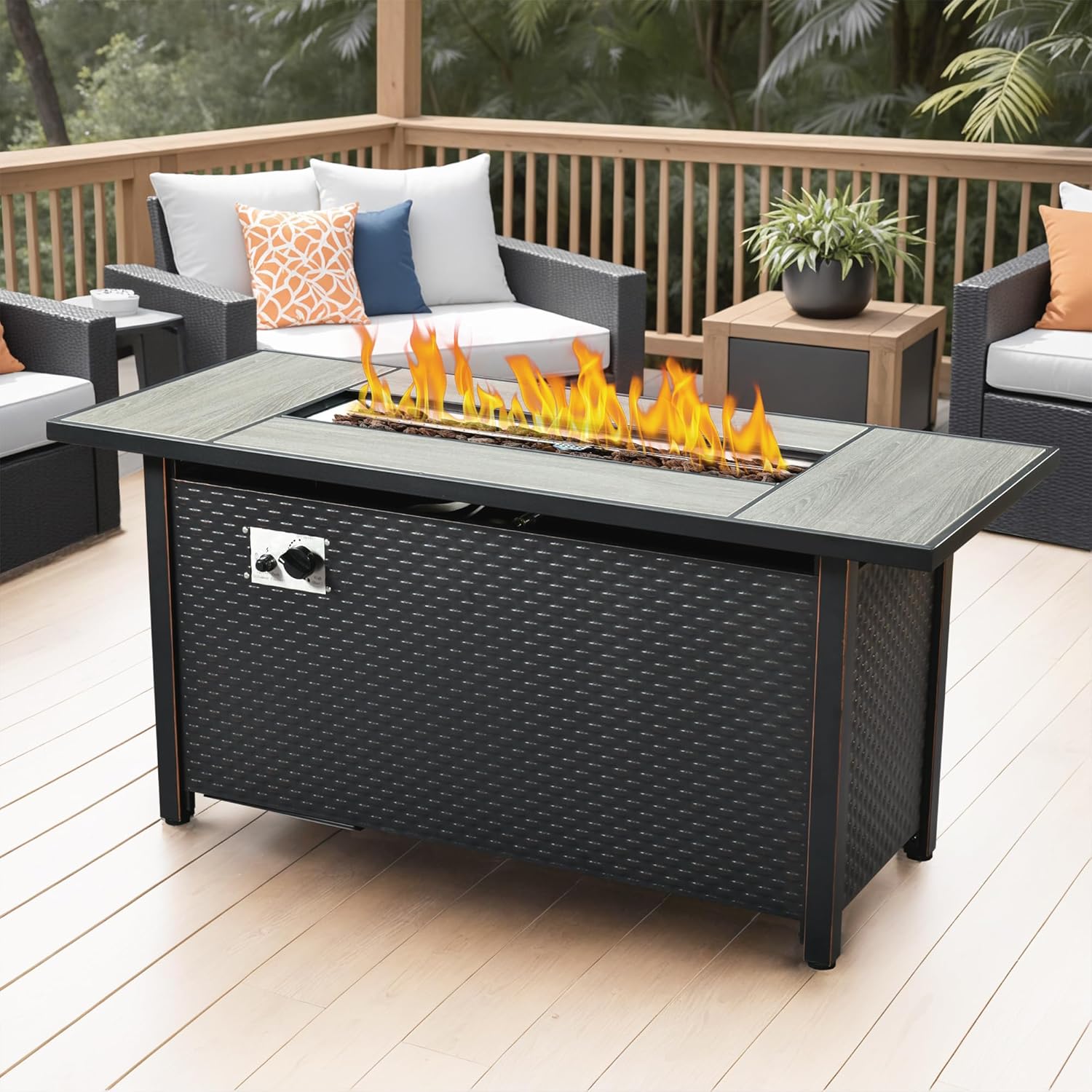 OVIOS 54 Inch Outdoor Patio Fire Pit Table, 50,000 BTU Heater Metal Steel Frame Propane Firepits with Ceramic Tabletop, Waterproof Cover, Lid, Lava Rock, Rectangular, Black