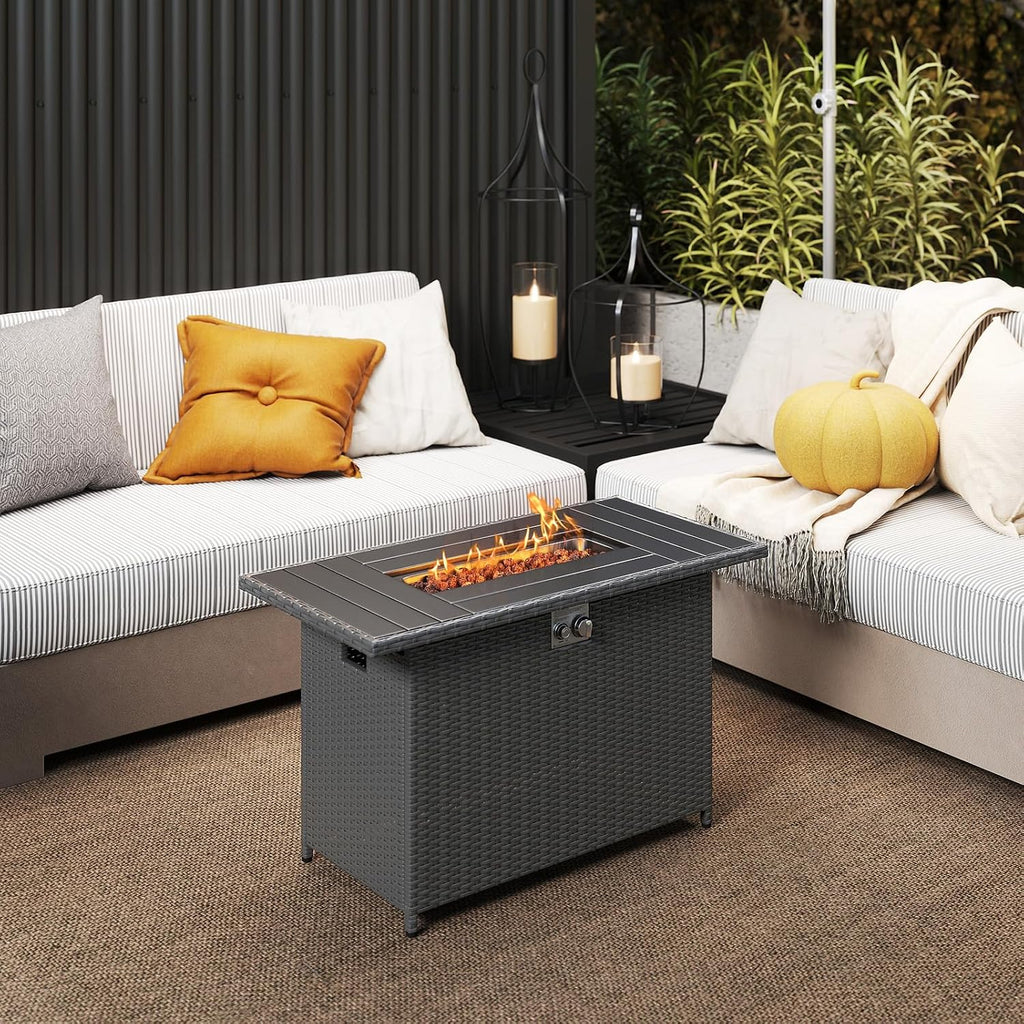 Tangkula 44.5 Inch Propane Fire Pit Table, Outdoor Rattan Gas Firepit with Metal Slatted Tabletop & Stainless Steel Burner, Rectangle Fire Pit with Lava Rocks & Protective Cover for Outside Patio