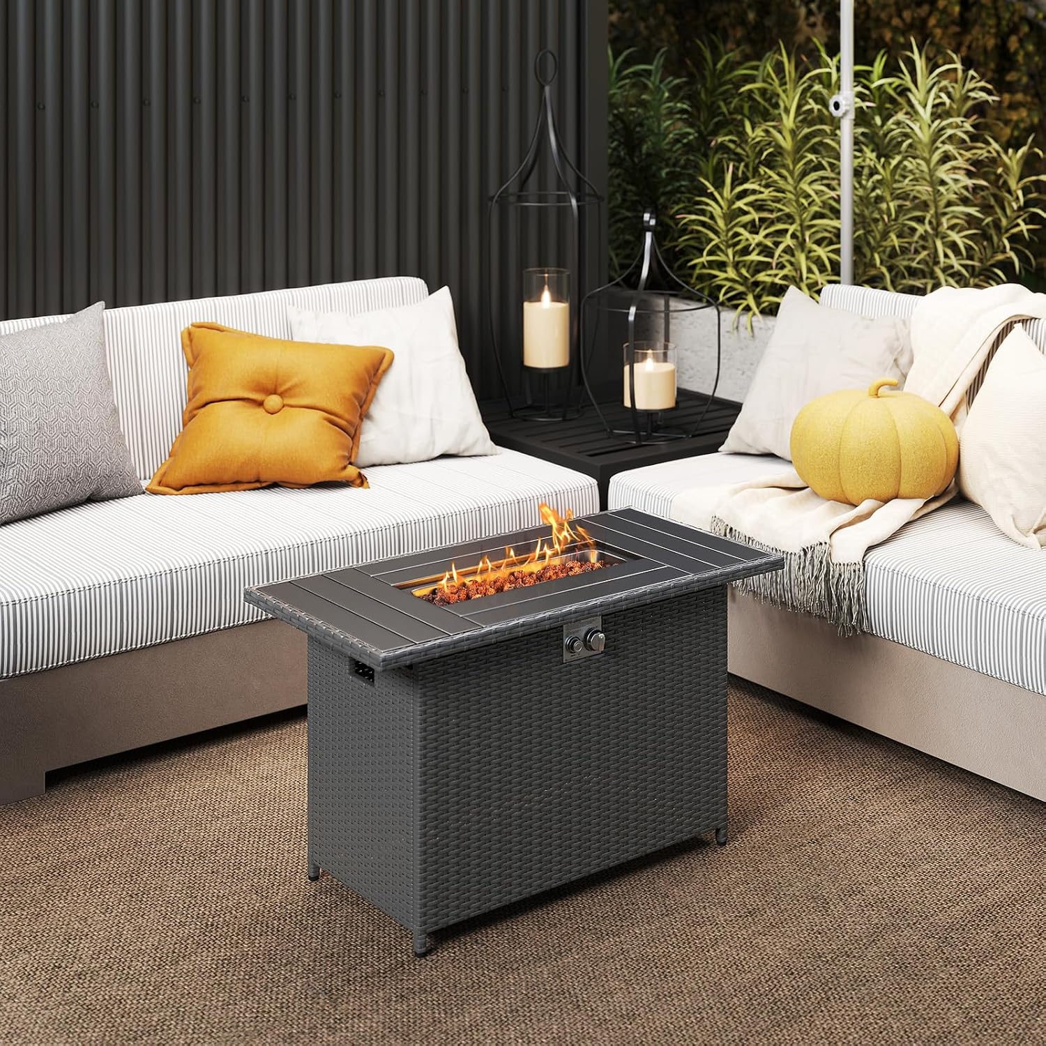 Tangkula 44.5 Inch Propane Fire Pit Table, Outdoor Rattan Gas Firepit with Metal Slatted Tabletop & Stainless Steel Burner, Rectangle Fire Pit with Lava Rocks & Protective Cover for Outside Patio