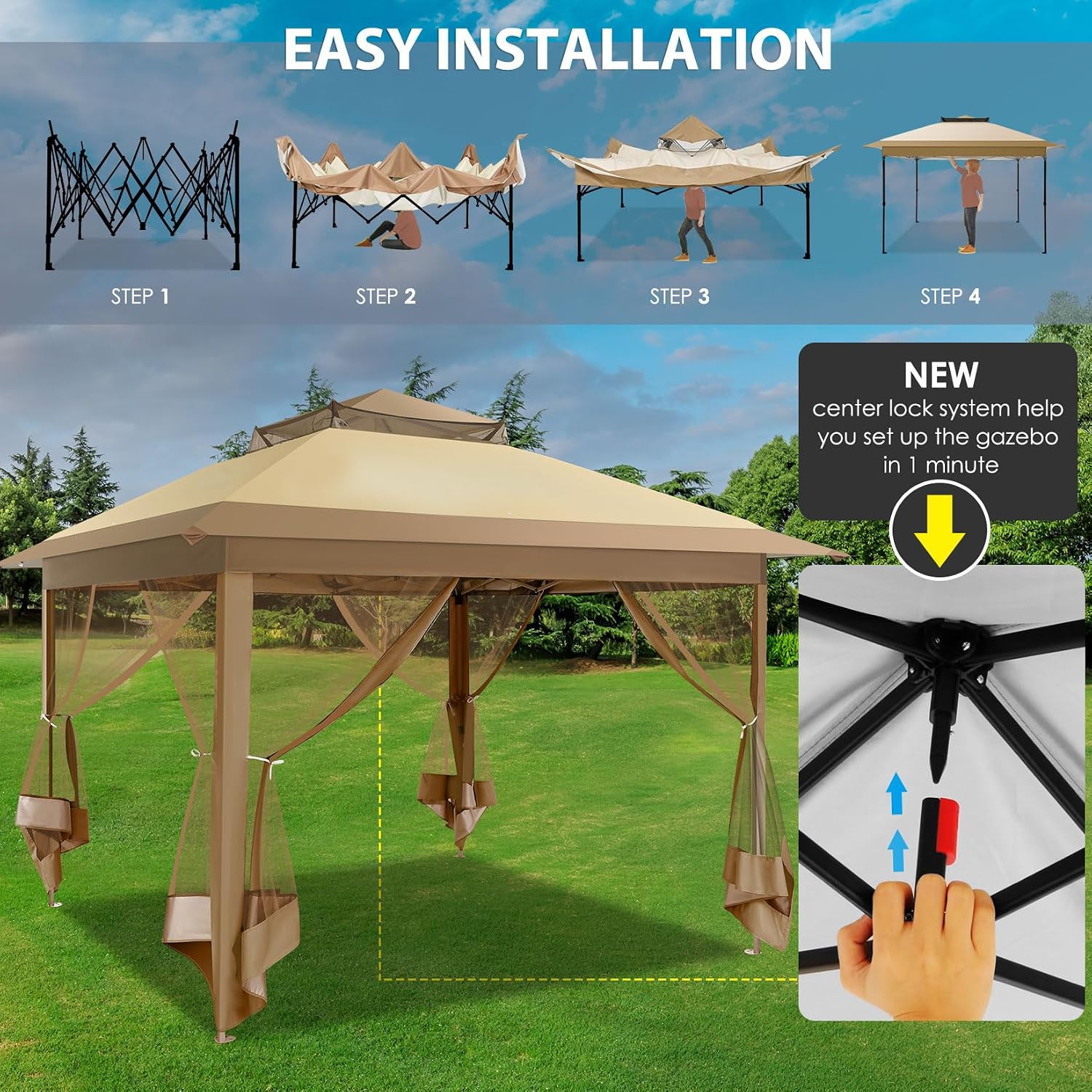 COBIZI Pop Up Gazebo 11x11 One-Push Canopy Tent, Carpas Para Patio, Outdoor Canopy Shelter with Double Roof Ventiation 121 Square Feet of Shade for Lawn, Garden, Backyard and Deck, Khaki(Upgraded 2.0)