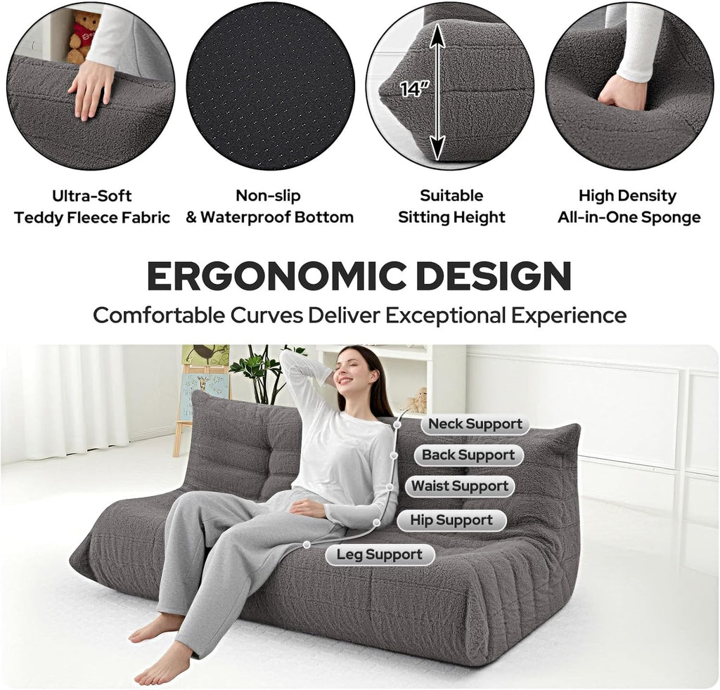 HABUTWAY Bean Bag Chairs Fireside Lazy Floor Sofa, Soft Teddy Fleece 3 Seater Sofa with High-Resilience Foam Filling，Beanbag for Living Room, Bedroom, Office (Dark Grey Teddy)