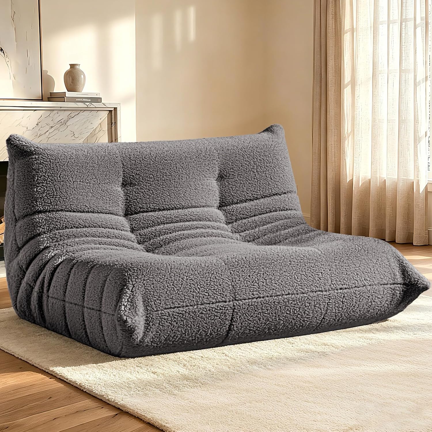 HABUTWAY Bean Bag Chairs Fireside Lazy Floor Sofa, Soft Teddy Fleece 2 Seater Sofa with High-Resilience Foam Filling，Beanbag for Living Room, Bedroom, Office (Dark Grey Teddy)