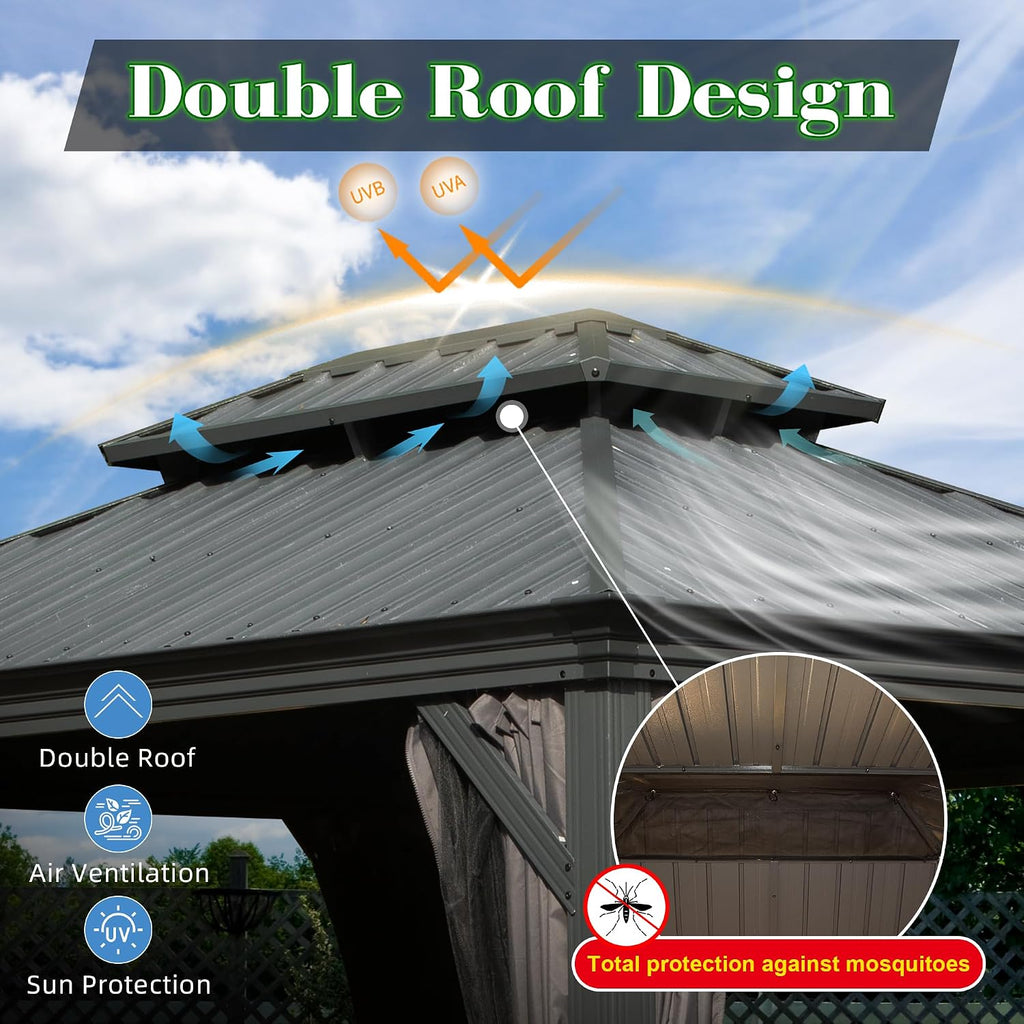 Domi 10x12FT Hardtop Gazebo, Outdoor Gazebo with Double Galvanized Steel Roof, Metal Pavilion Shelter for Patio, Lawn and Garden, Detachable Curtain and Netting Included, Gray