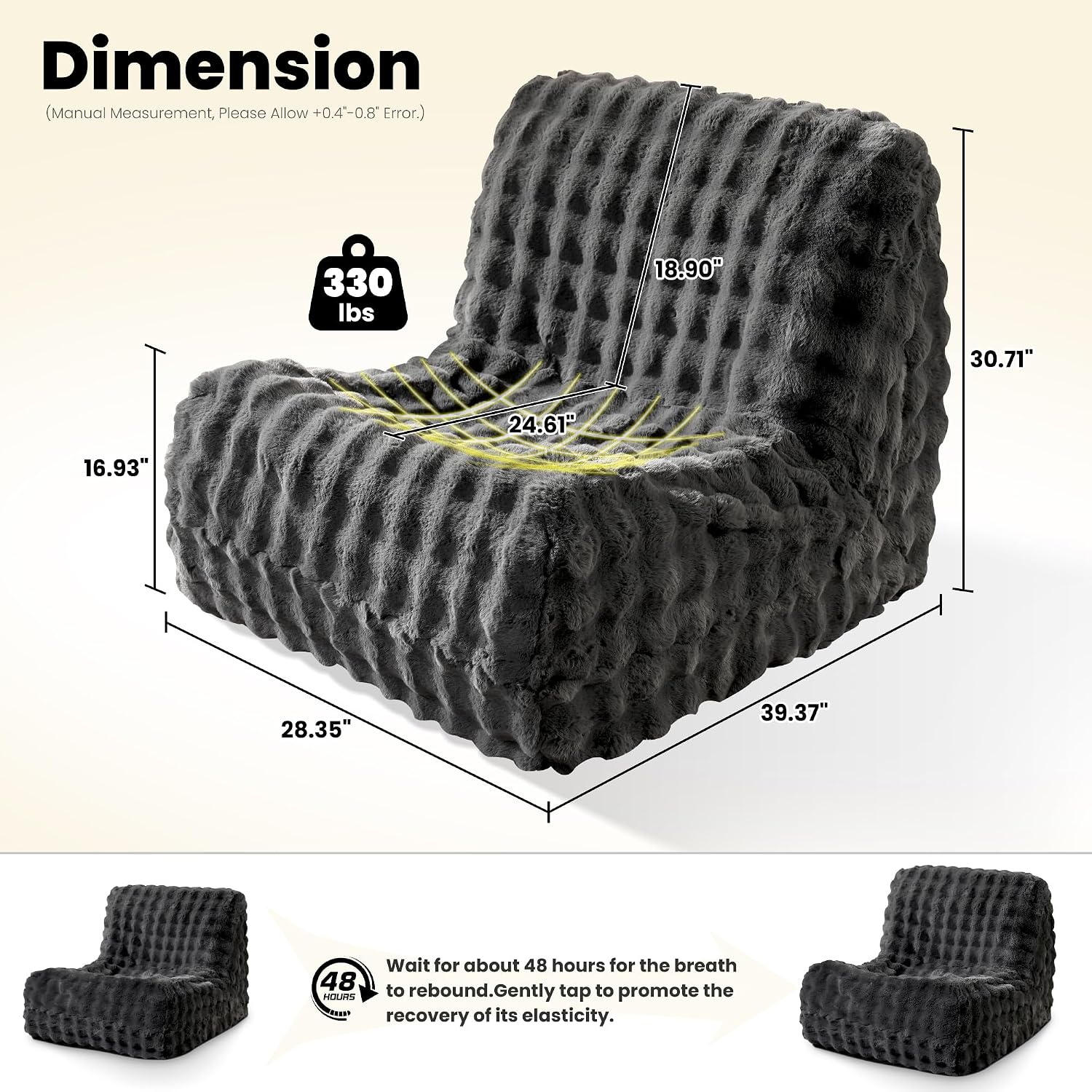 ovios Bean Bag Chair for Adult, Giant Beanbag with Plush Faux Fur, Comfy Large Big Lounger Floor Lazy Chair for Indoor Fireside Living Room Bedroom Dorm, Dark Grey