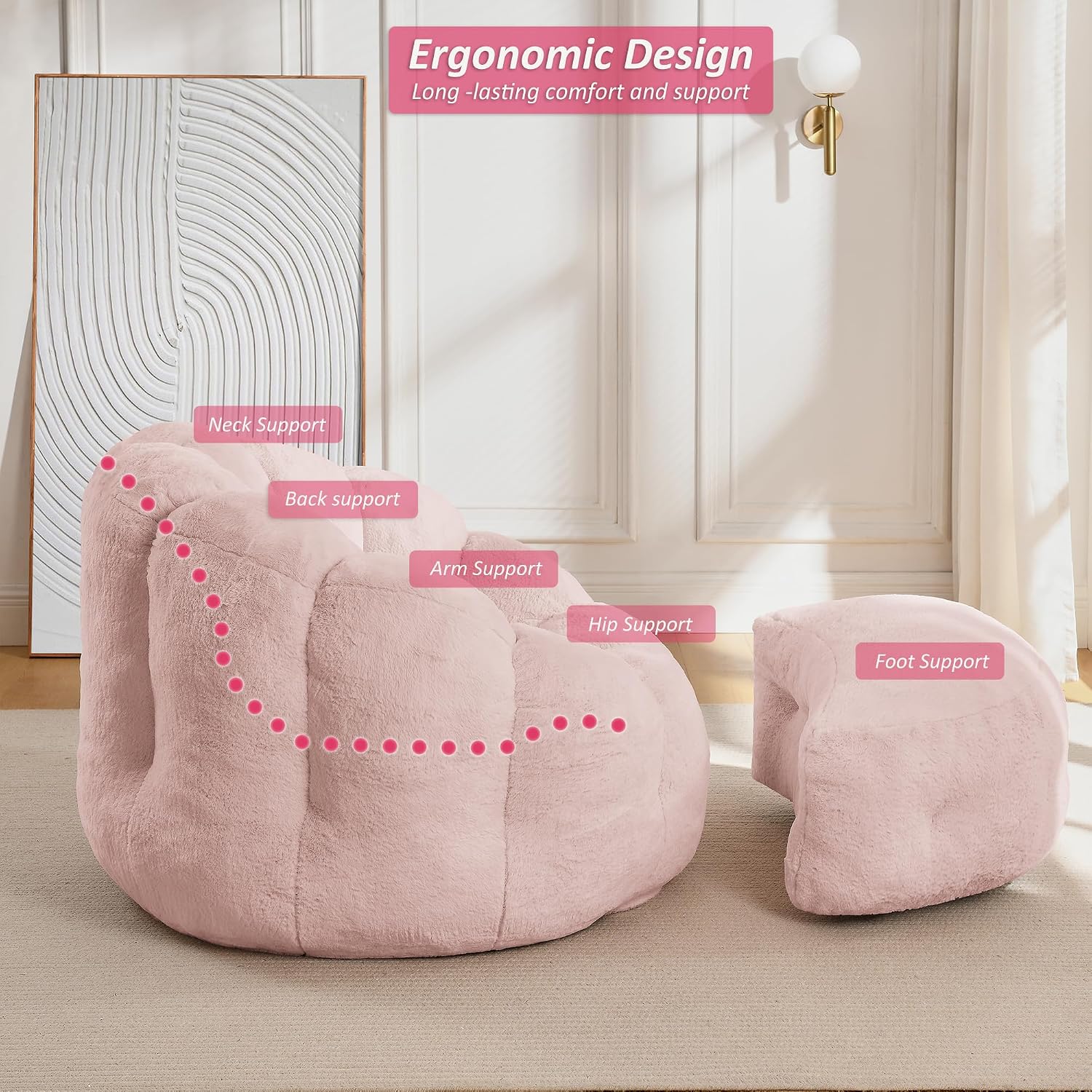 Bean Bag Chair with Ottoman, Pink Flower Bean Bag Chairs for Adults and Teens, Comfy Plush Faux Fur Reading Chair for Living Room, Bedroom, Apartment, Dorm