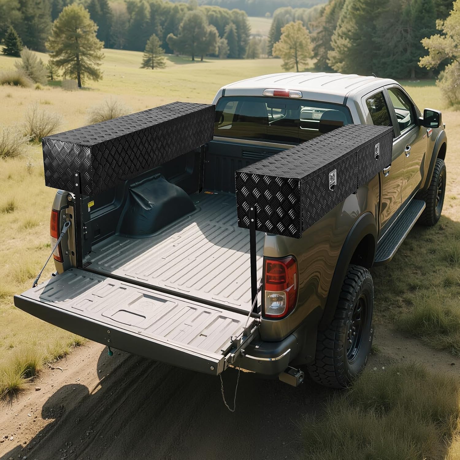 VEVOR Truck Tool Box, 88 x 16 x 13 Inch, Black Aluminum Tread Topsider Toolbox with Dual Drop Doors, Heavy Duty Lockable Storage and Organization Box with Latch, Corrosion-Resistant, for Truck Bed
