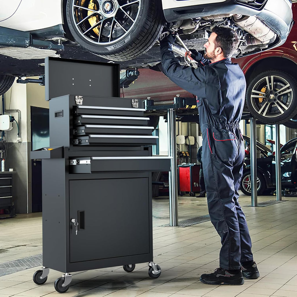 5-Drawers Black Tool Chest, 2-in-1 Mechanic Rolling Tool Box Removable Lockable Tool Storage Cabinet, Metal Tool Cart with Drawers and Wheels for Garage, Workshop