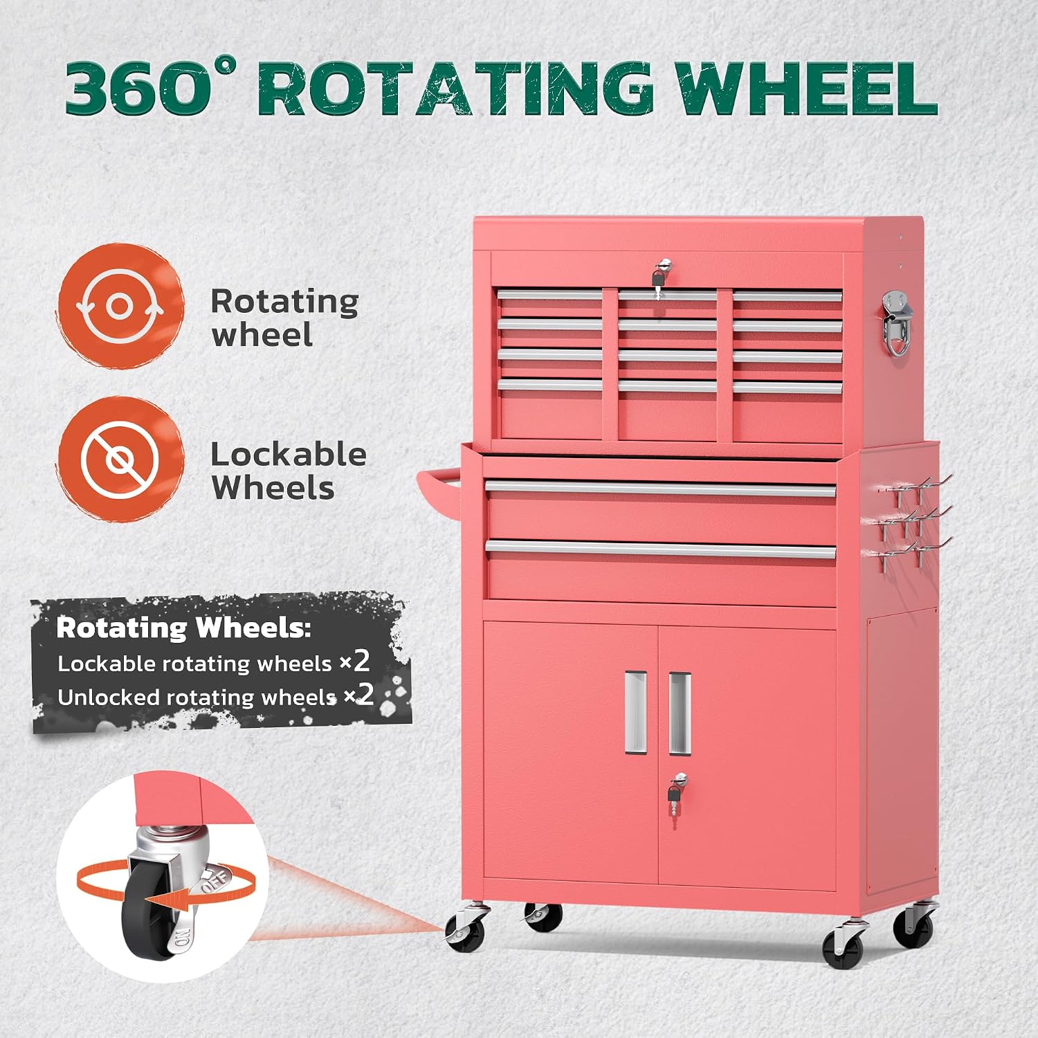 Greenvelly Tool Chest, 8-Drawer Rolling Tool Chest with Hooks and Lockable Wheels,Metal Storage Detachable Top Tool Box with Lockable Wheels for Garage,Workshop,Art Studio(Pink)