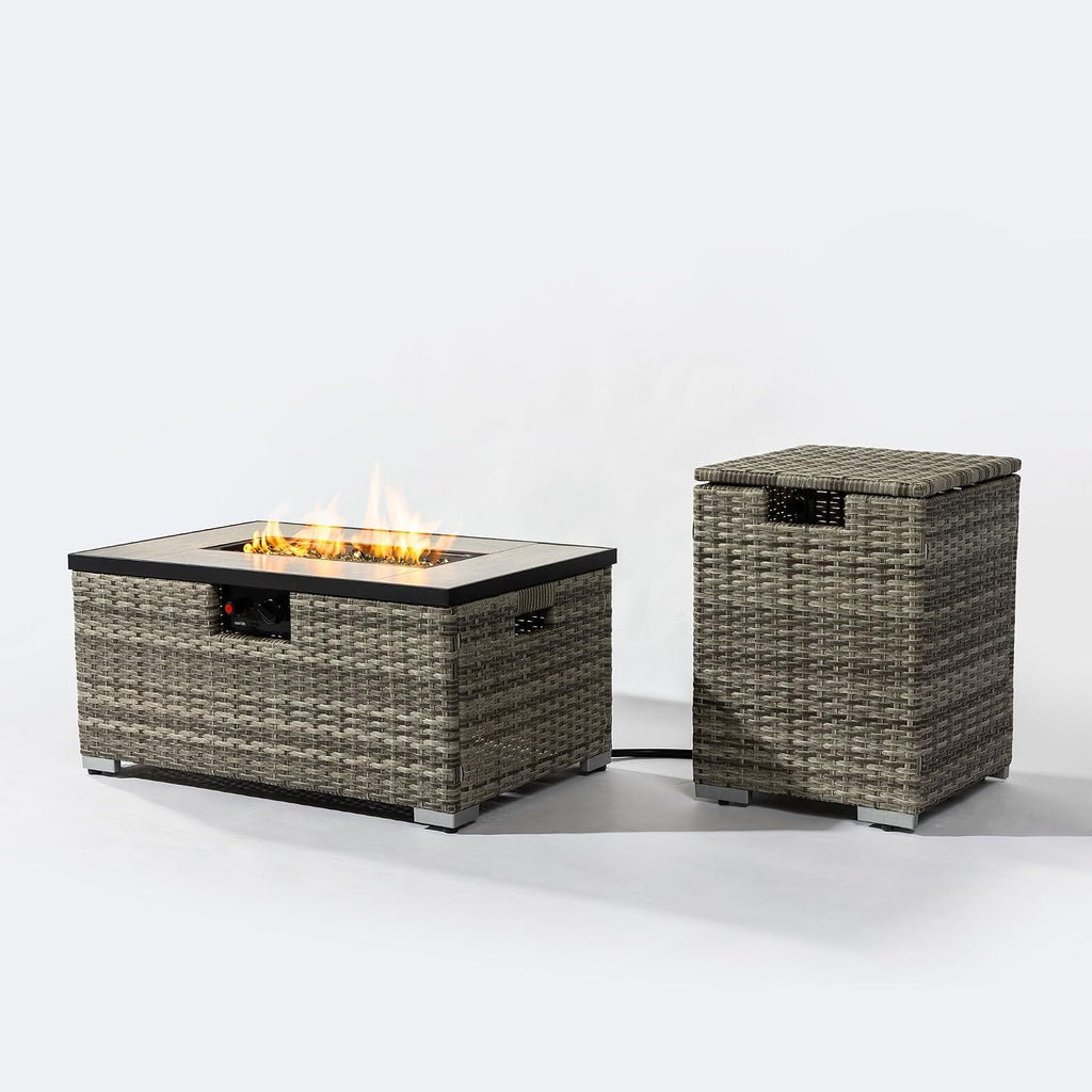 32in Gas Fire Pit Table Set, 50,000 BTU Propane Fire Pit Table Outdoor with Rain Cover, Hideaway Tank Holder Fits 20lb Tank, Gas Fire Pit for Outside w/Ceramic Tabletop and lid, Glass Rocks.