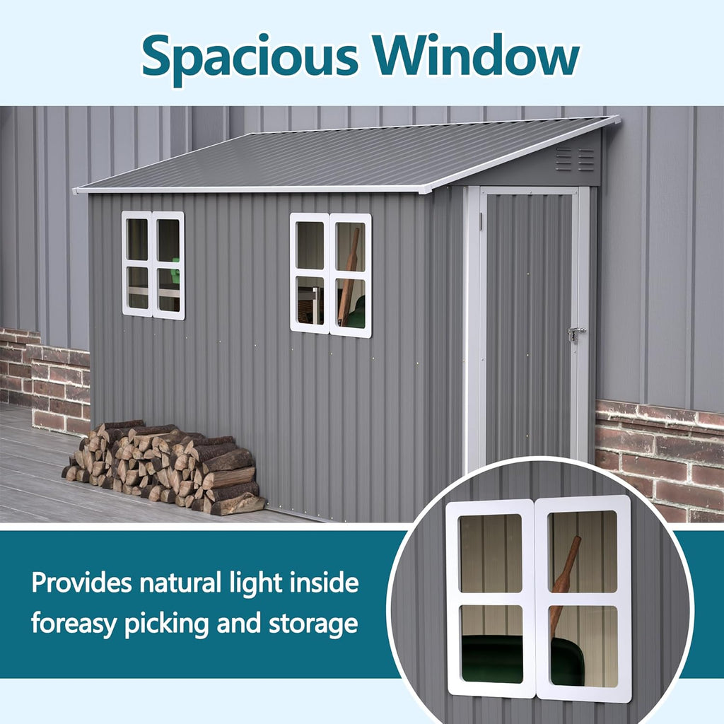 YOPTO 4x10 FT Lean to Outdoor Storage Shed with Floor Kit,Metal Shed W/Left/Right Optional Lockable Door & 2 Windows,Garden Tool Storage House W/Air Vents & Sloping Roof,for Backyard,Patio,Gray