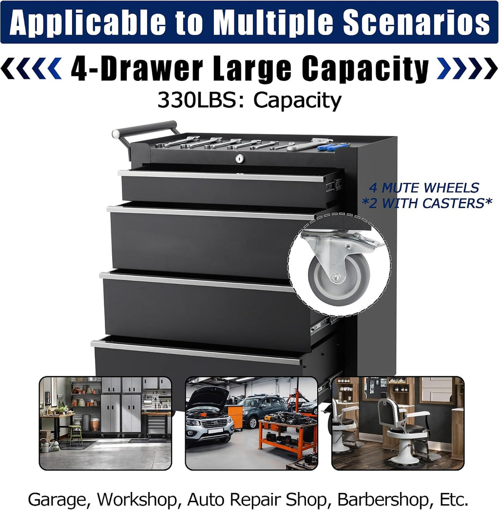 Rolling Tool Chest, 4 Drawers Tool Storage Cabinet with Wheels, Portable Tool Cabinet Organizer with Locking System & Drawer Liners,Universal Lockable Wheels, Tool Storage Cart for Garage, Workshop