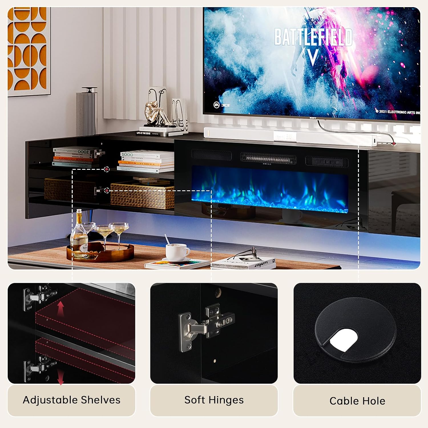 oneinmil 70' Floating TV Stand with 36' Electric Fireplace, Wall Mounted Fireplace Entertainment Center with Storage, Fire Place TV Console for Living Room, All Black