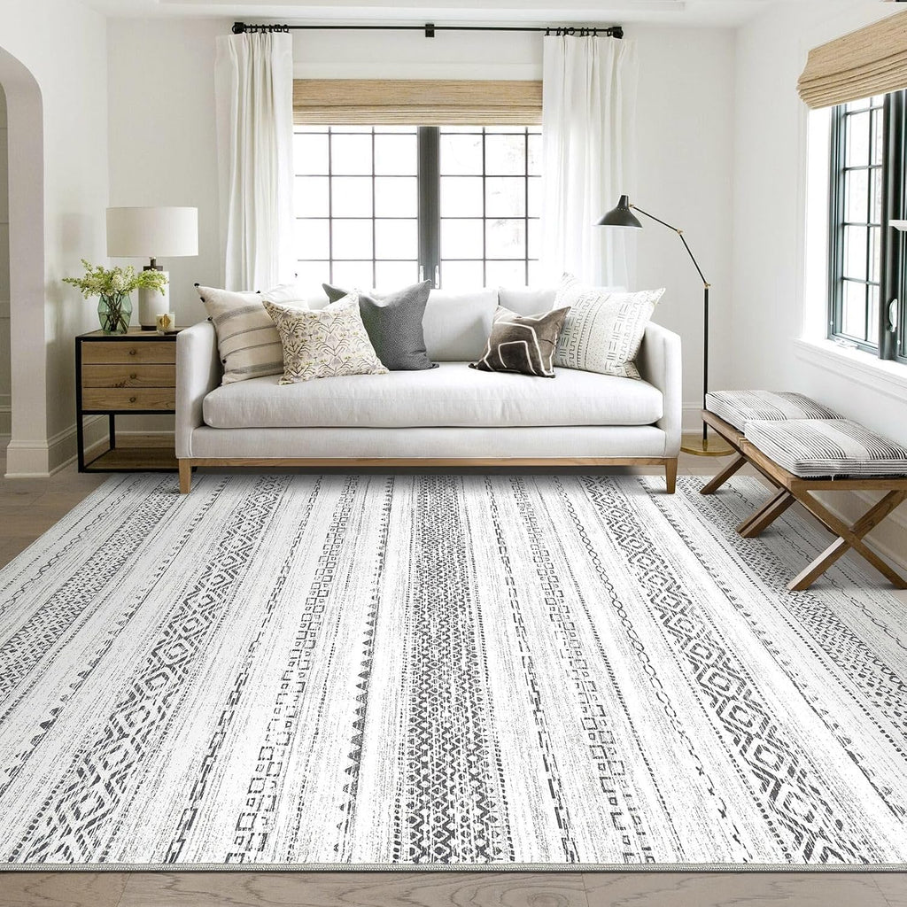kakania 9x12 Washable Area Rug: Non Slip Soft Thin Carpet, Boho Geometric Modern Decor, Easy Clean Indoor Floor Large Rugs for Living Room Bedroom Kids Dorm Office Dining - Square Grey