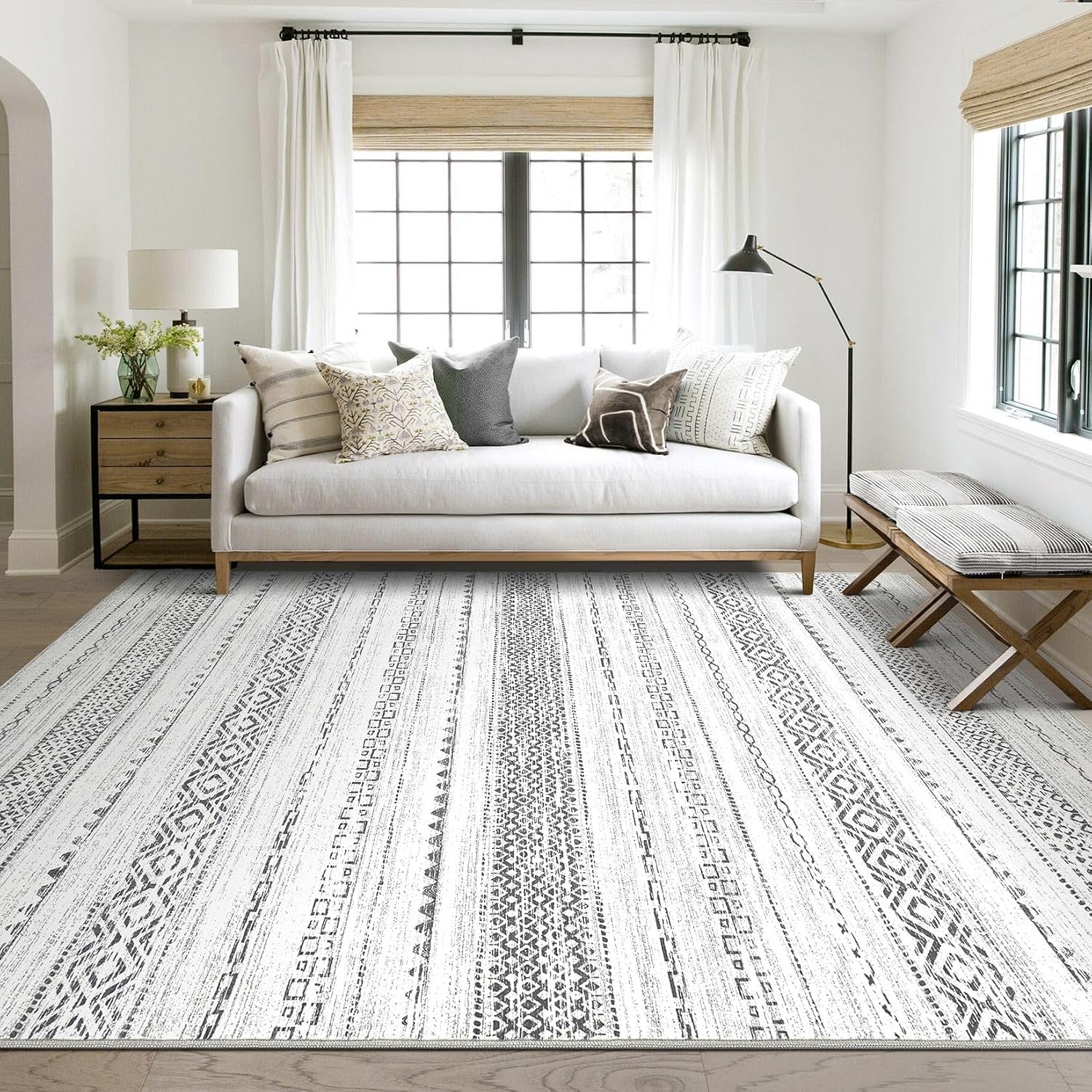 kakania 9x12 Washable Area Rug: Non Slip Soft Thin Carpet, Boho Geometric Modern Decor, Easy Clean Indoor Floor Large Rugs for Living Room Bedroom Kids Dorm Office Dining - Square Grey