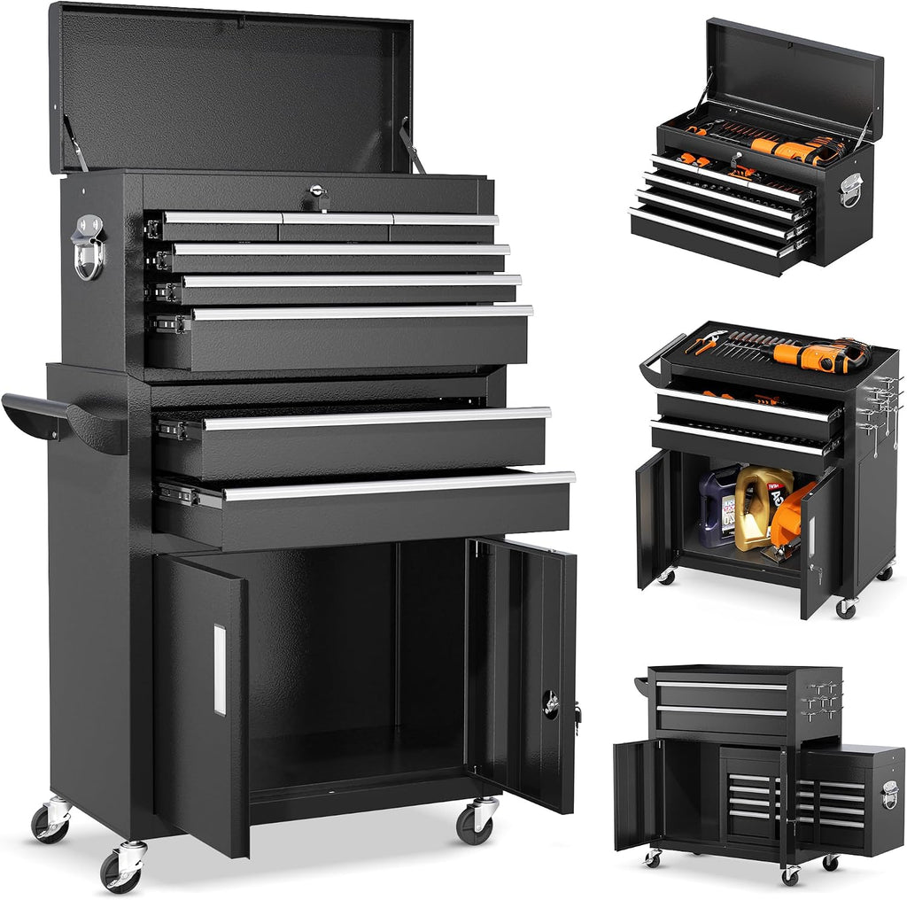 INTERGREAT 8-Drawers Rolling Tool Chest, Assembled Tool Chest with Wheels, Detachable Top Tool Box, Tool Cabinet for Repair Room,Warehouse, Rolling Tool Box with Hooks,Tray Divider,Liners(Black)