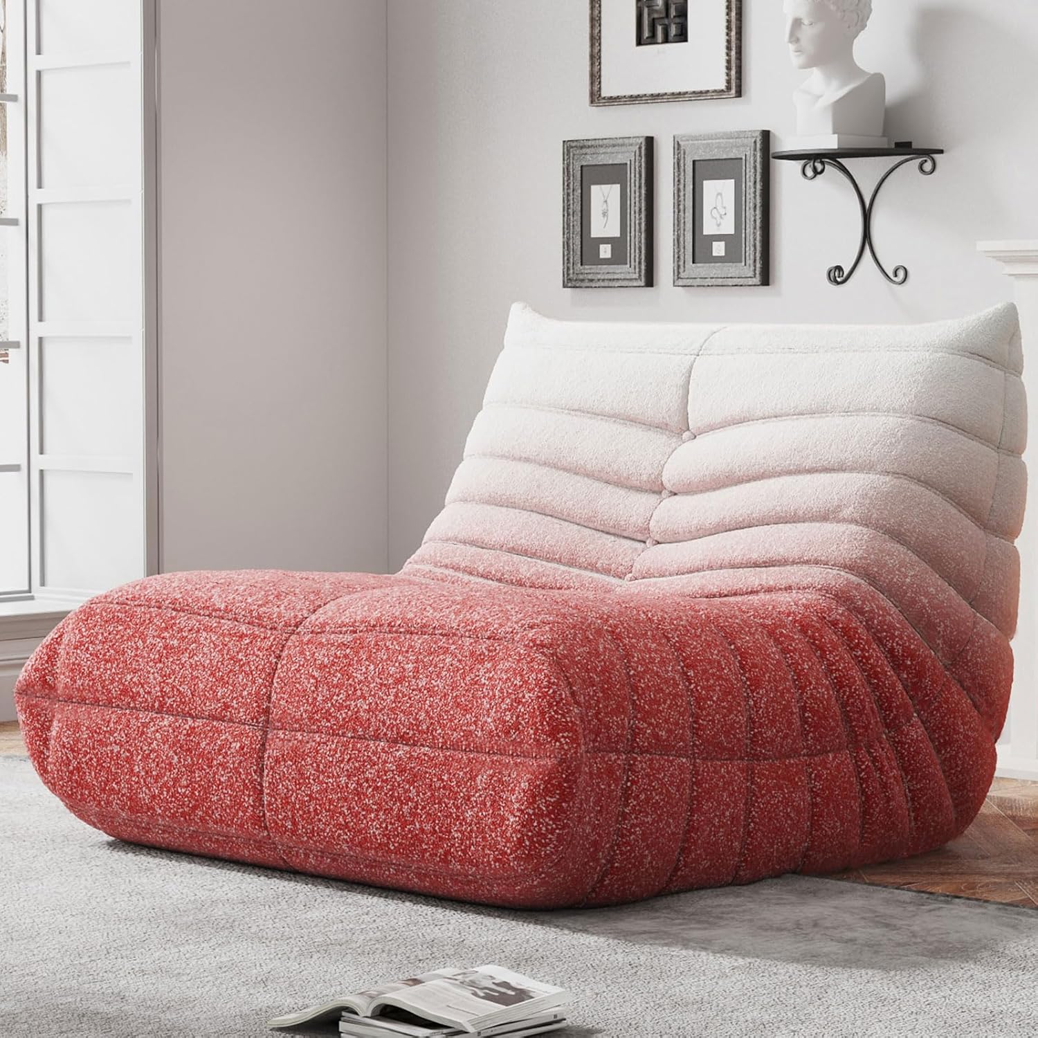 WHGBJA Memory Foam Bean Bag Chair for Adults, Teddy Material Beanbag Sofa with Filler, Cozy Floor Lounge Seat for Living Room, Bedroom, Dorm, Office (Pink White)