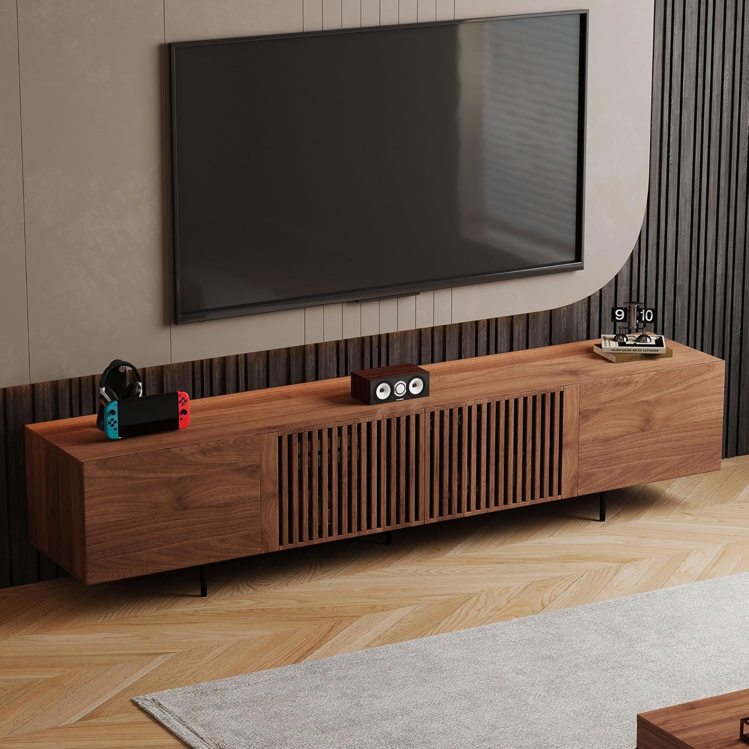 94.48' Mid-Century Modern TV Stand, Walnut Media Console with 4 Storage Cabinets, Entertainment Center for TVs up to 100 Inches, Ideal for Living Room or Bedroom