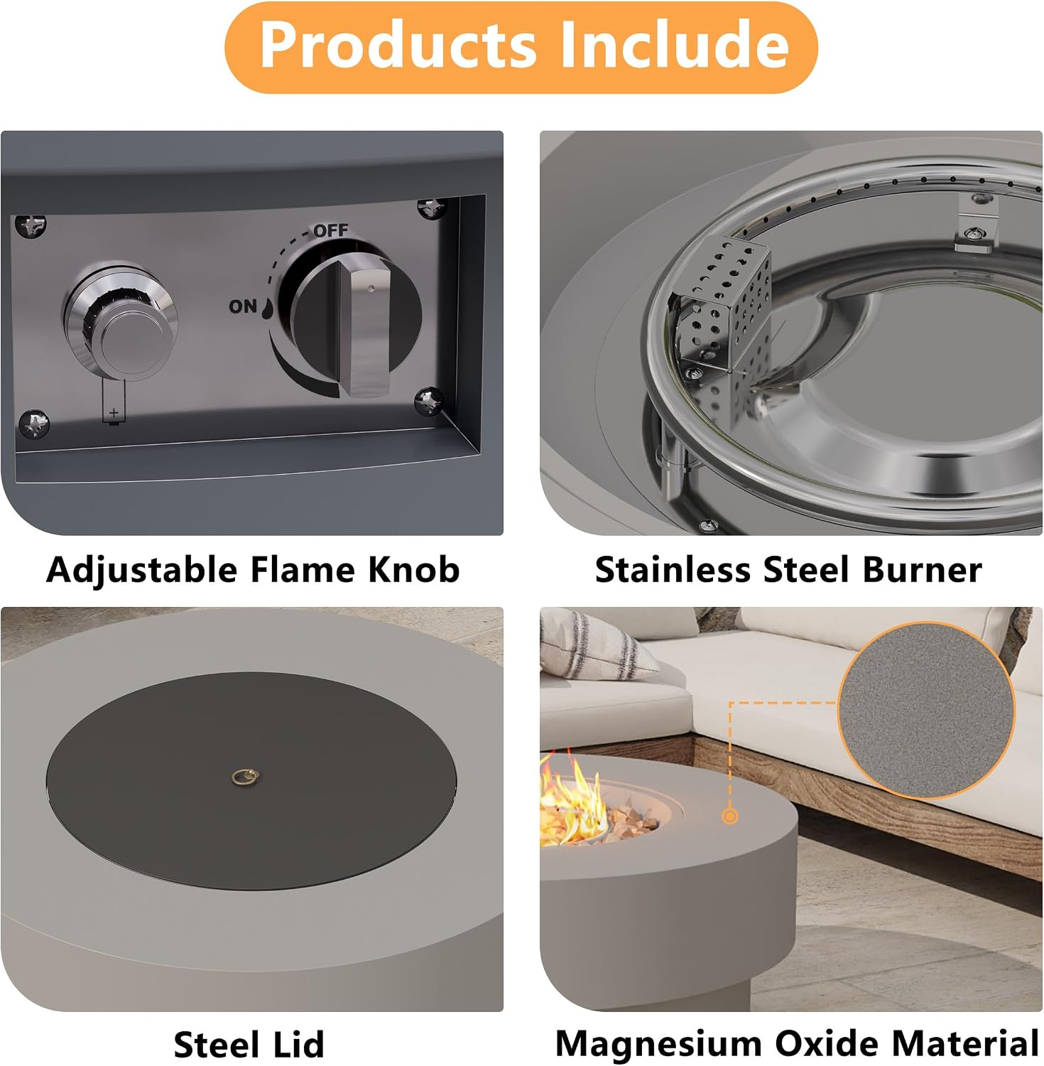 32.5 inch Outdoor Propane Fire Pit Table, 50000 BTU Round Patio Fire Pit Table with Lid, Waterproof Cover, 10ft Gas Hose & Gas Tank Base, Lava Rocks, CSA Certified, Grey
