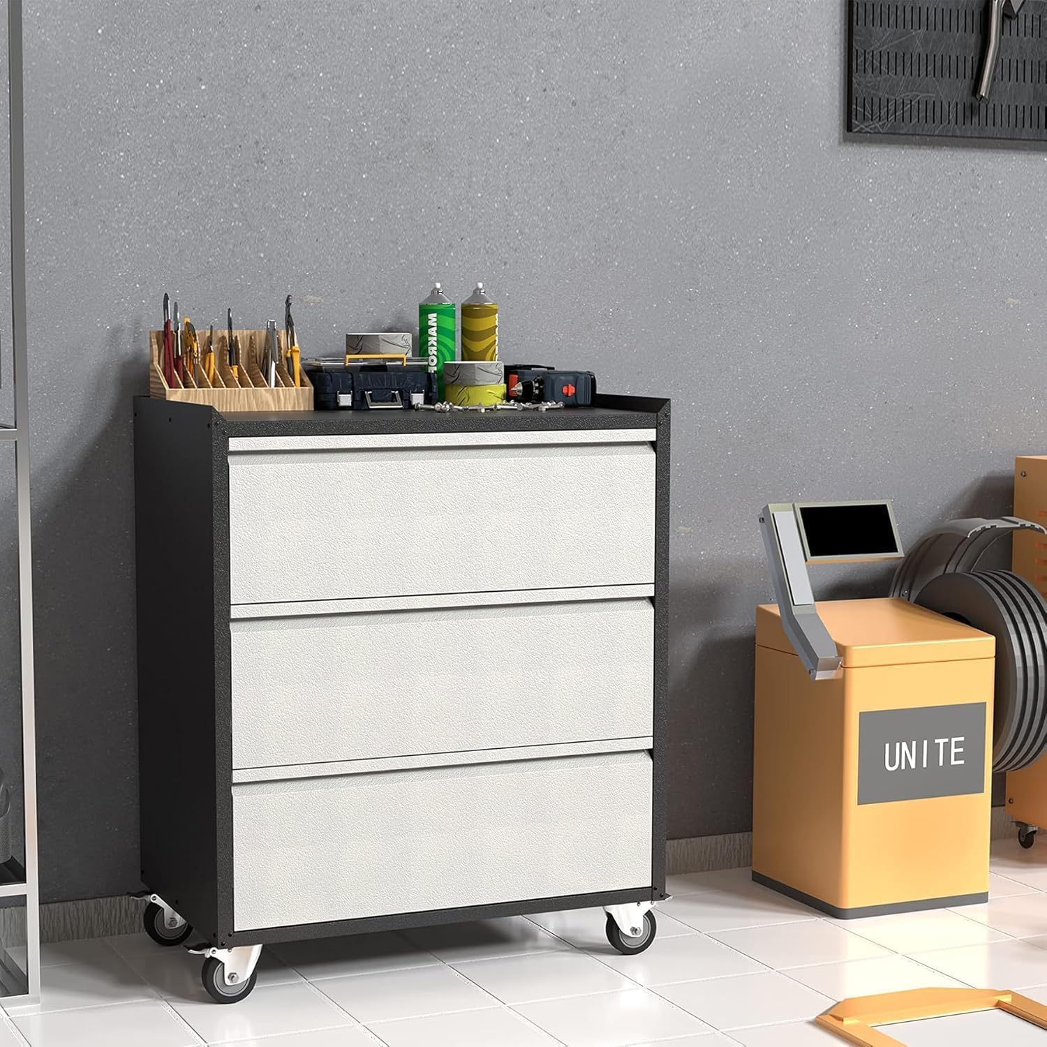Metal Storage Cabinet with 3 Drawers on Wheels, Heavy Duty Rolling Tool Cart, Mobile Tool Chest for Garage, Workshop, Home, Office, Warehouse, Gray