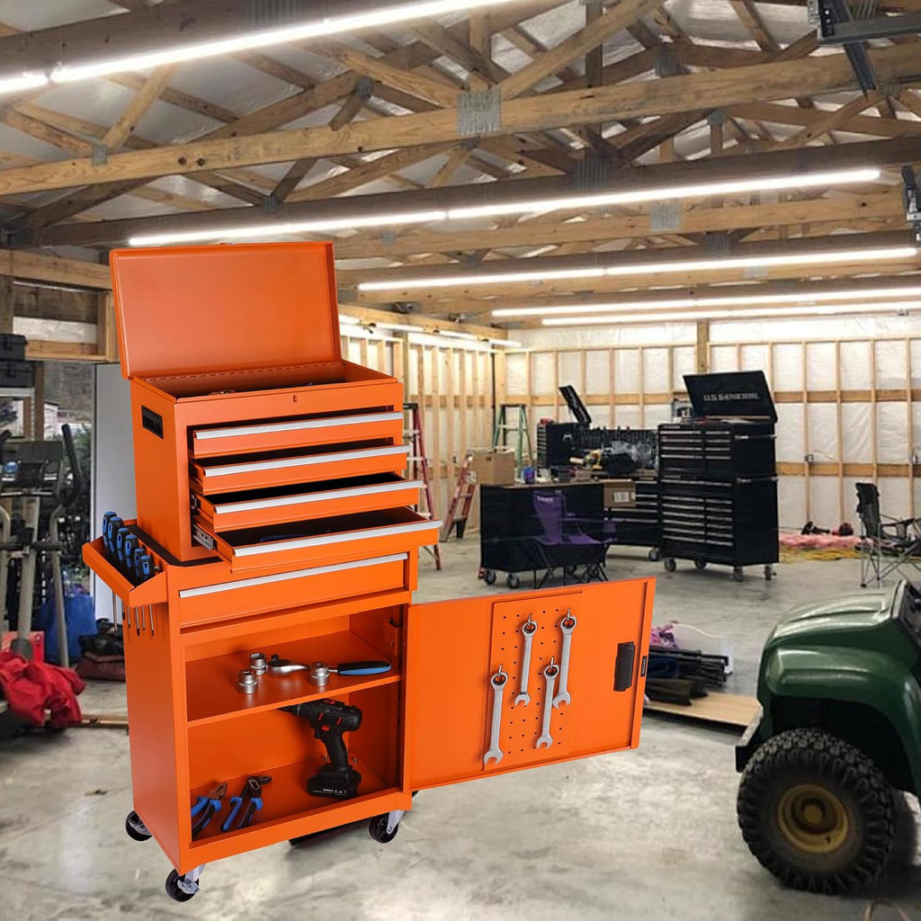 5 Drawers Tool Cart with Wheels & 1 Cabinet,Detachable Portable Top Box,Lock Rolling Tool Chest Trolley Organizer Set,Multifunctional Tool Box w/Storage Lockers for Garage & Workshop(Orange)