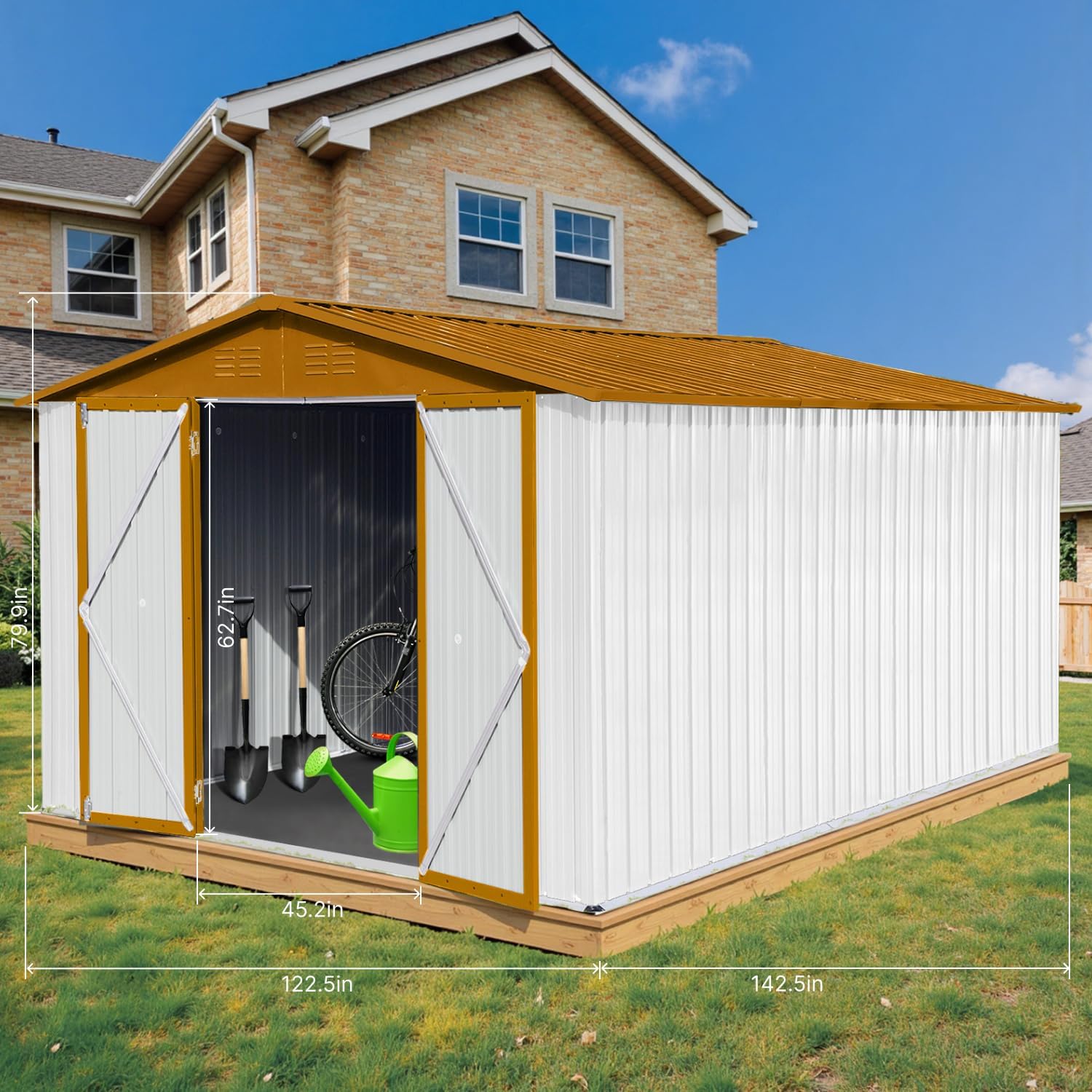 LINKHOO 10'x12' Metal Garden Shed, Outdoor Storage, White & Yellow
