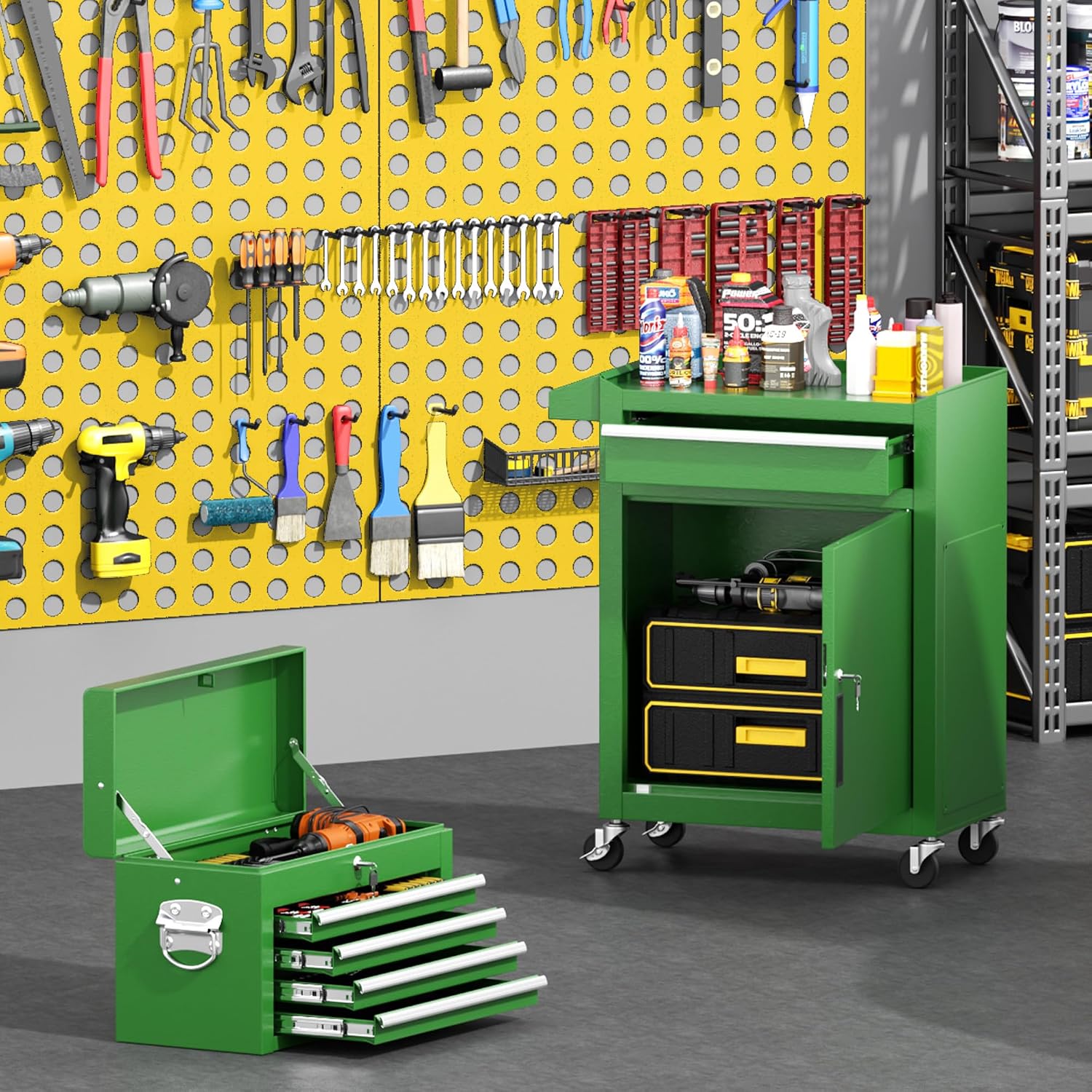 Greenvelly Tool Chest, 5-Drawer Rolling Tool Chest with Hooks and Lockable Wheels, Detachable Top Tool Box, Toolbox with Wheels, Rolling Tool Box for Mechanics Garage Workshop and Tool Room (Green)