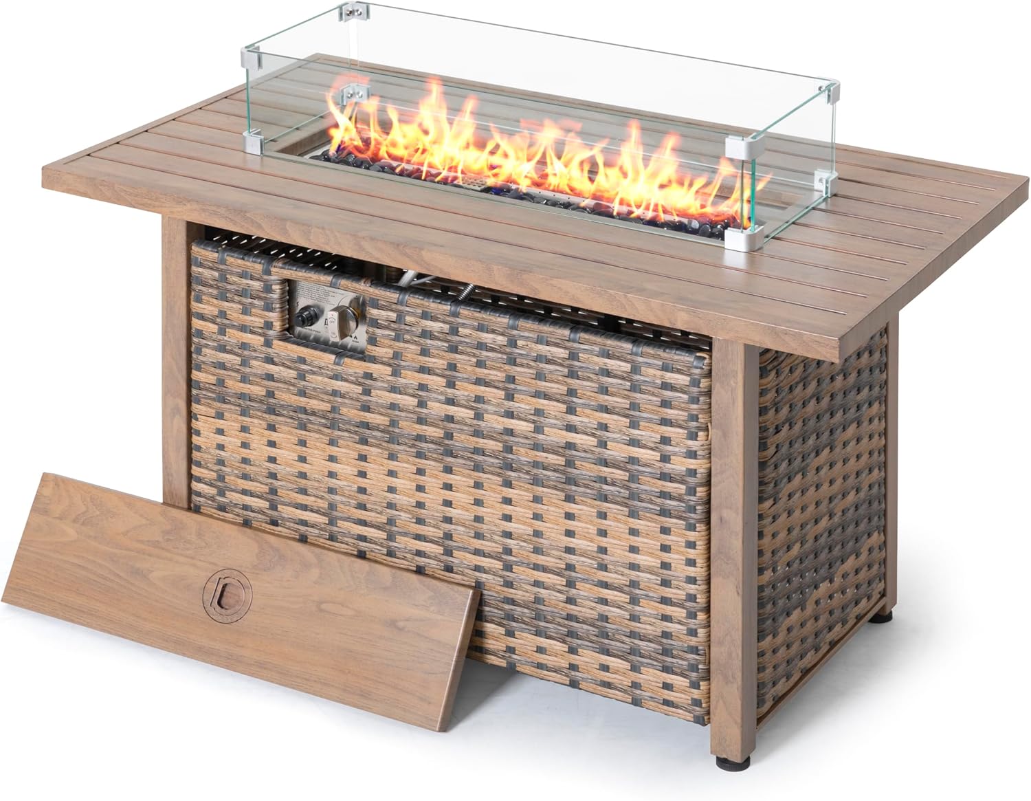 Nuu Garden 43' Propane Fire Pit, CSA-Listed Outdoor Fire Pit Table, 50000 BTU Gas FirePit with Lid, Glass Wind Guard, Glass Beads, 2-in-1 Rectangular FirePit for Outside Backyard, Brown
