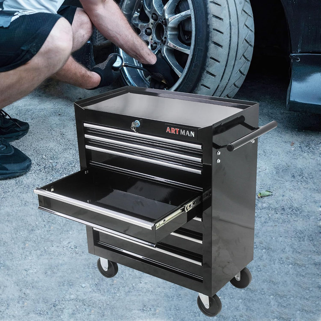 Rolling Tool Chest with 7-Drawer Tool Box with Wheels Multifunctional Tool Cart Mechanic Tool Storage Cabinet for Garage, Warehouse, Workshop, Repair Shop (Black)