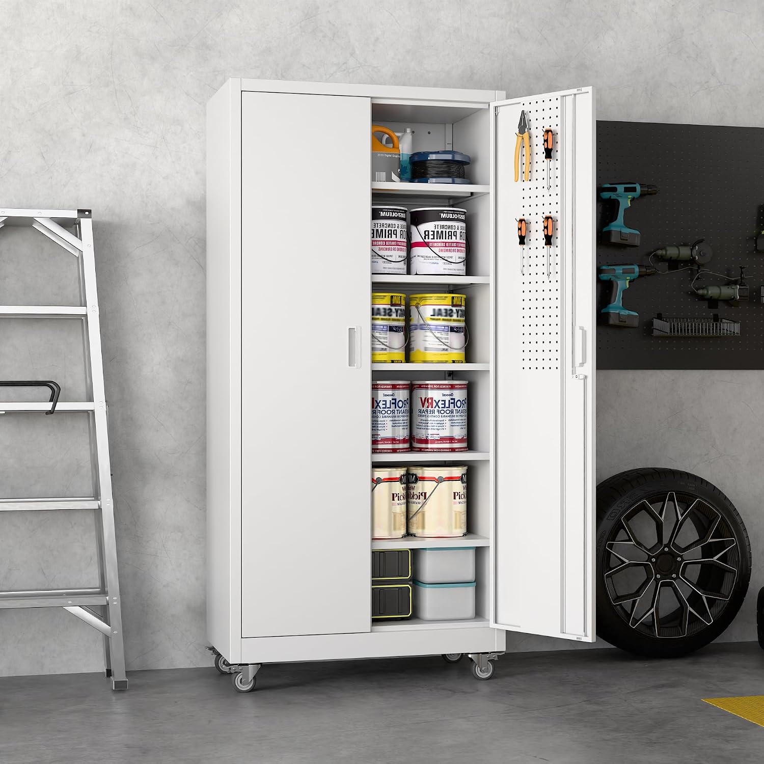 Metal Storage Cabinet with Wheels and Pegboard,71' H x 32' W x 16' D Garage Storage Cabinet with 2 Doors and 5 Adjustable Shelves for Garage, Home, Warehouse, Closet, Assembly Required, White