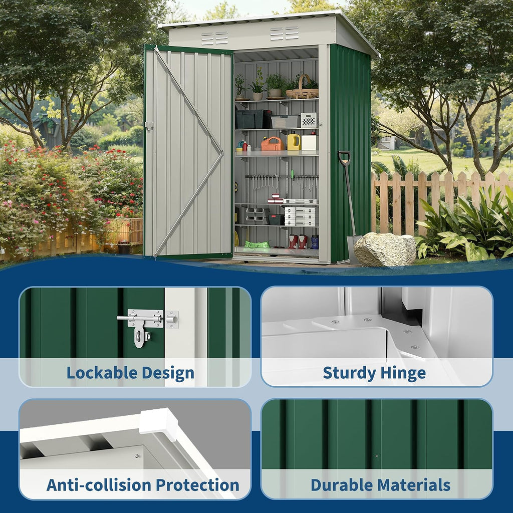 Garvee Metal Tool Shed with Single Door - Slanted Roof, Small Size, 5x3FT, Garden Storage, Outdoor Iron Tool Storage