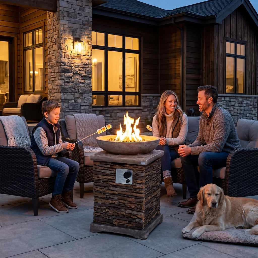 COSIEST Outdoor Propane Fire Pit Table w Faux Brown Compact Ledge Stone 20' Square Base and Faux Rose-Marble Round Bowl, Certified, 40,000 BTU, Free Lava Rocks, Fits 20lb Tank Inside, Raincover