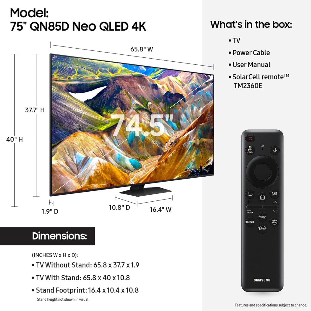 Samsung (Refurbished 75-Inch Class QLED 4K QN85D Series Neo Quantum HDR Smart TV (QN75QN85D, 2024 Model) (Renewed)