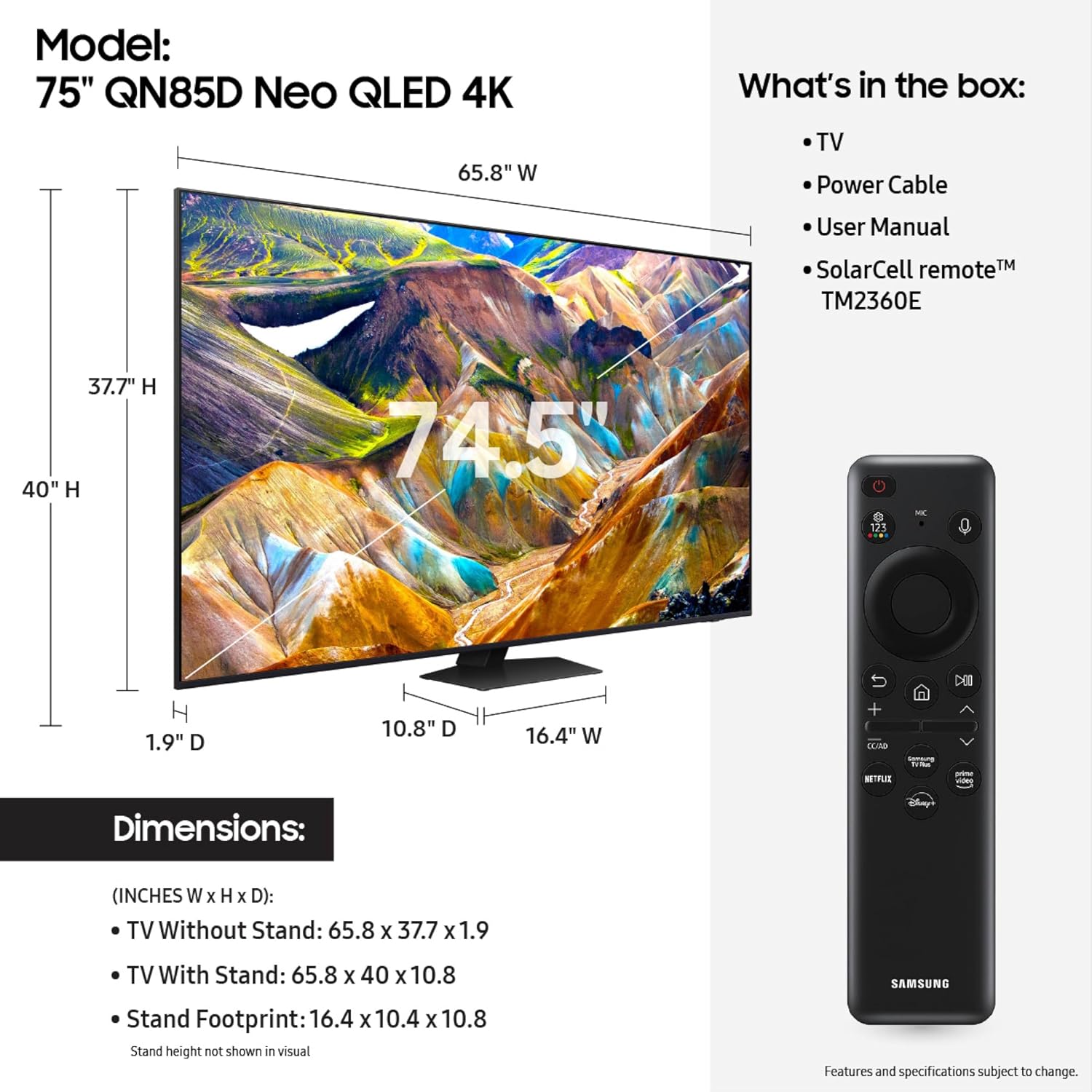 Samsung (Refurbished 75-Inch Class QLED 4K QN85D Series Neo Quantum HDR Smart TV (QN75QN85D, 2024 Model) (Renewed)