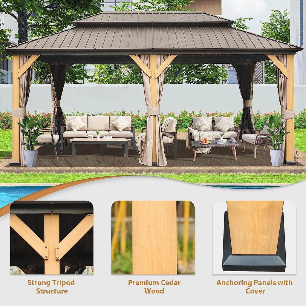 12x20Ft Hardtop Gazebo Wood Gazebo Outdoor Cedar Wood Frame with Galvanized Steel Double Roof Outdoor Permanent Metal Pavilion with Curtains and Netting for Patio Backyard Lawn, Brown