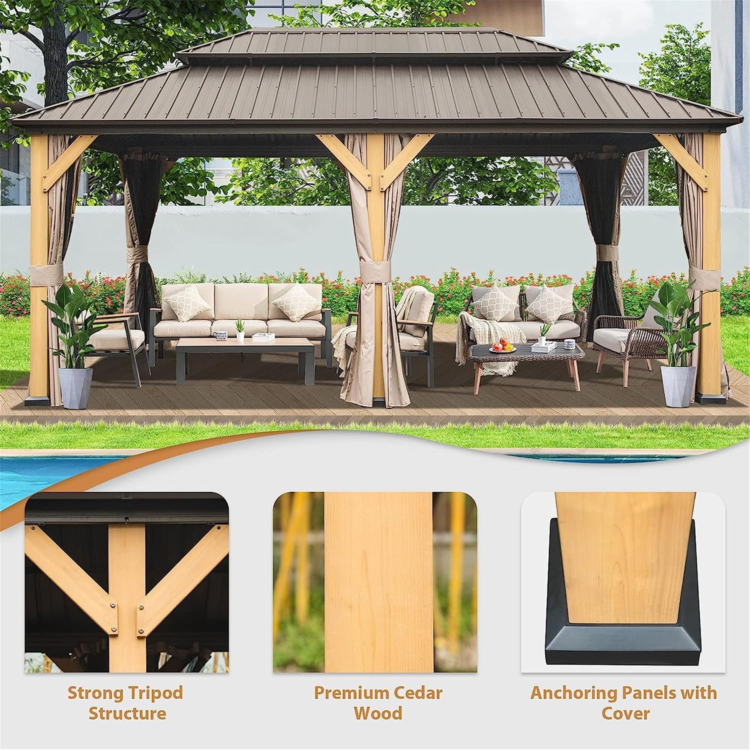12x20Ft Hardtop Gazebo Wood Gazebo Outdoor Cedar Wood Frame with Galvanized Steel Double Roof Outdoor Permanent Metal Pavilion with Curtains and Netting for Patio Backyard Lawn, Brown
