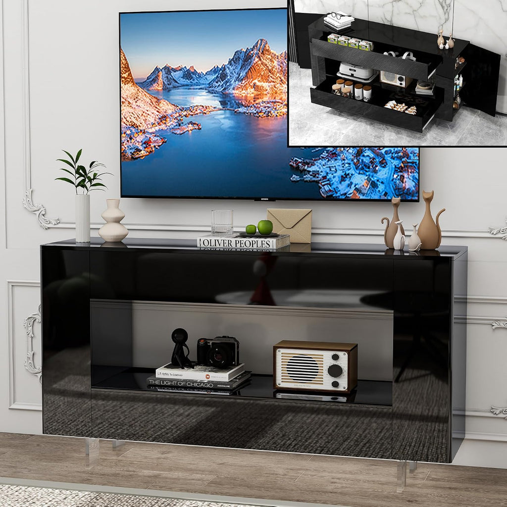 High Gloss TV Stand with 2 Large Drawers & Push-Open Doors - High Gloss Modern TV Console Storage Cabinet for Living Room, Office