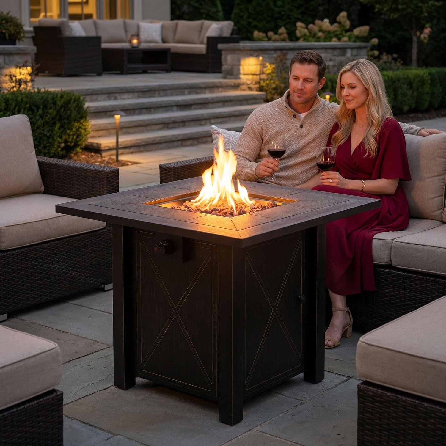 HOTEAGLE 30' Propane Fire Pit with Premium Ceramic Tabletop, 50000 BTU Powerful Gas Firepit Table - Includes Lid and Lava Rocks, Ideal Outdoor Fire Pit for Dining, Party in Patio, Garden, Yard