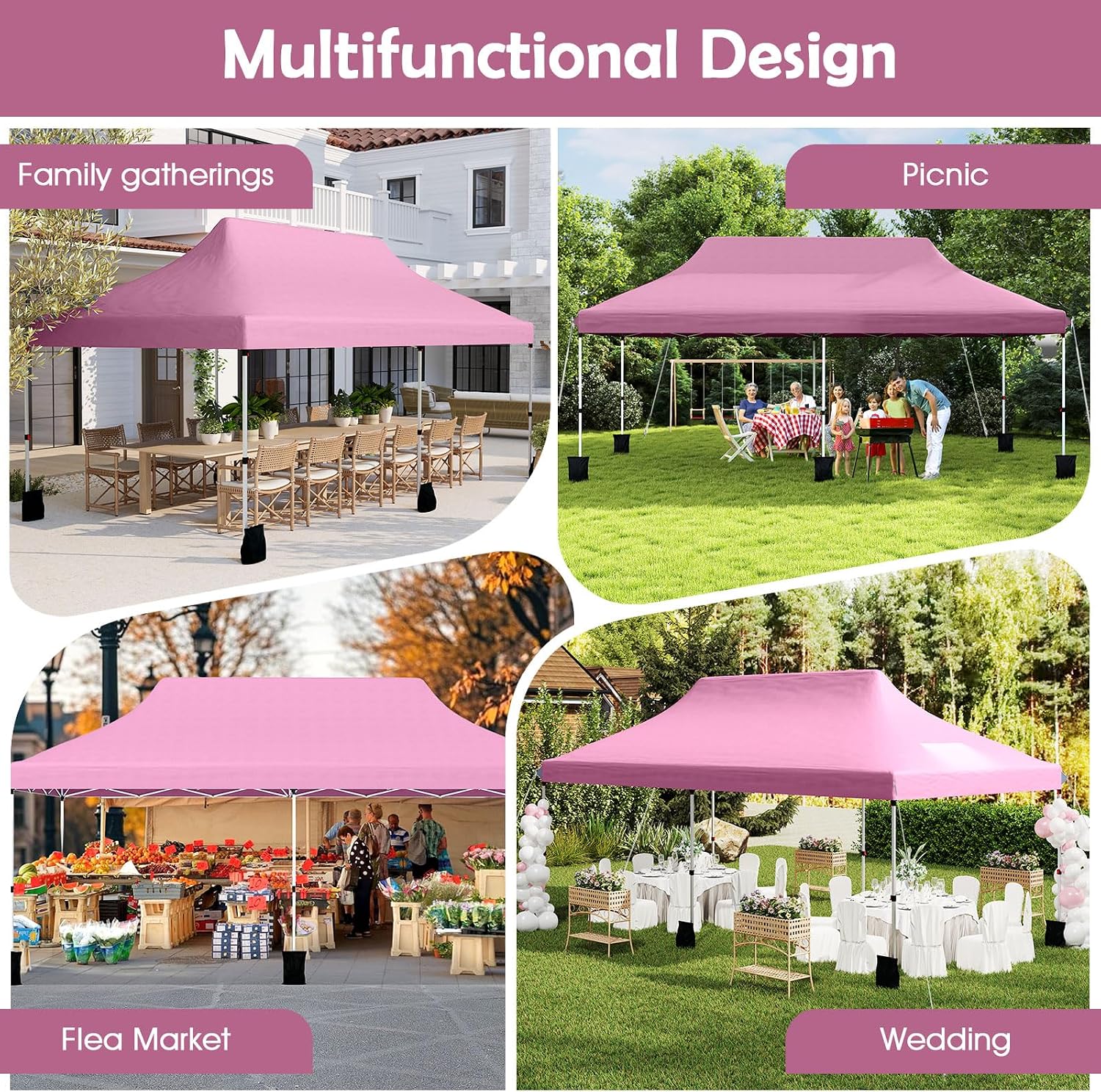 Tangkula 10x20 Ft Pop Up Canopy, Instant Setup Tent with 6 Sandbags, 12 Stakes & 6 Ropes, UPF 50+ Portable Outdoor Canopy Tent with Carrying Bag for Camp, Beach, Patio (Pink)