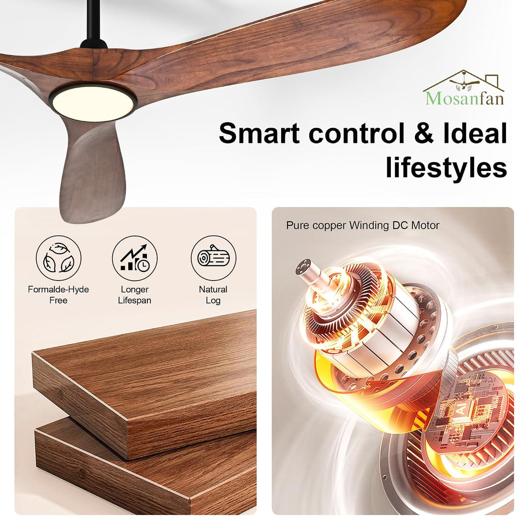 60 Inch Ceiling Fans with Lights and Remote, Wood Outdoor Ceiling Fan with 6 Speed Noiseless DC Motor, Indoor Modern 3 Blade Propeller Ceiling Fan for Bedroom Living Room Gazebo Patio(Walnut)