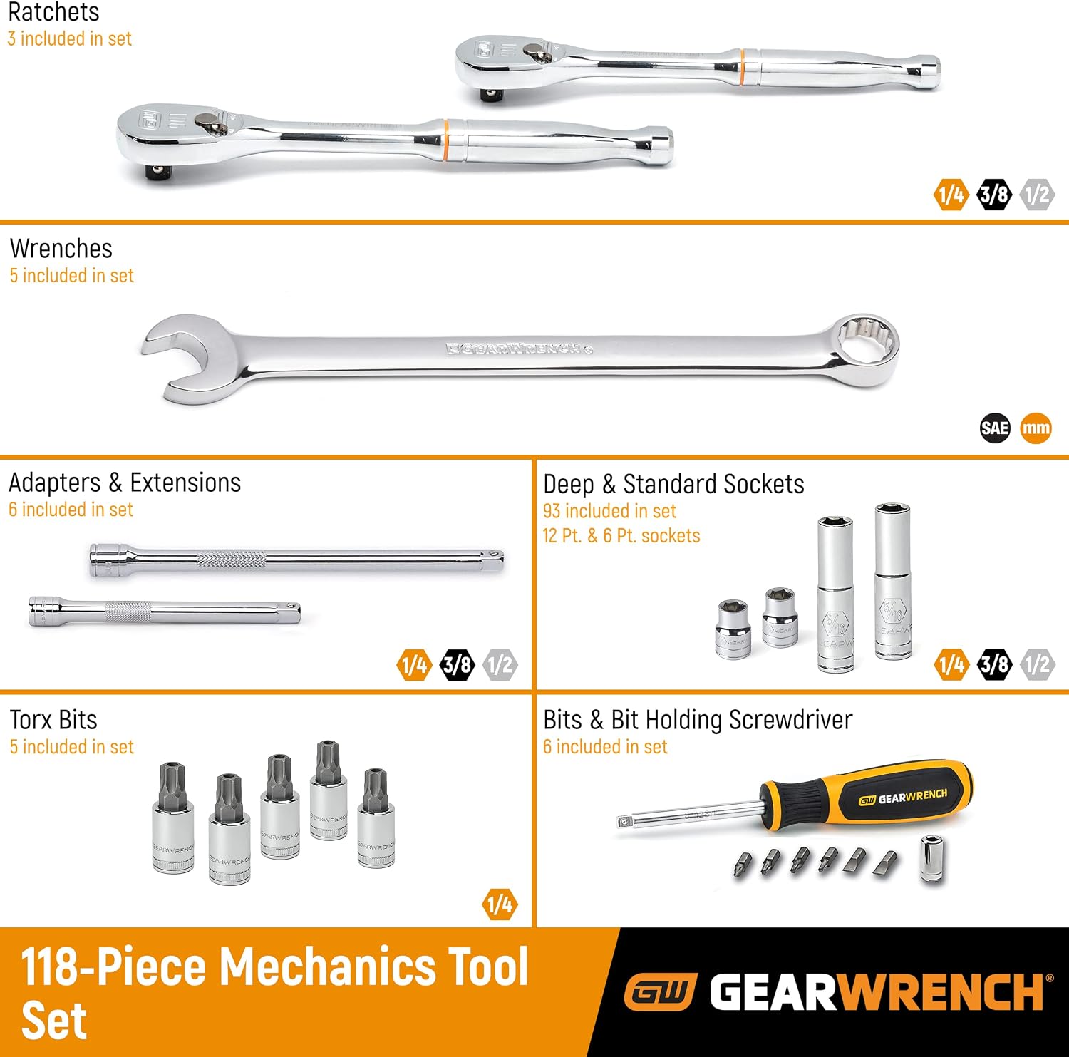 GEARWRENCH 118 Pc. 1/4', 3/8' & 1/2' Drive 6 & 12 Pt. Mechanics Tool Set, Standard & Deep, SAE/Metric - 83001D