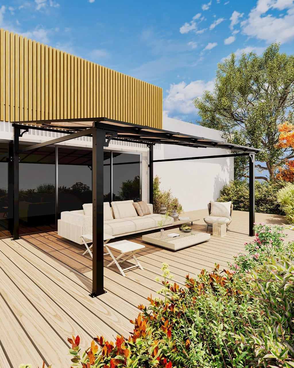 12'x 14'Wall Mounted Gazebo, Hardtop Lean-to Pergola with Polycarbonate Roof, Heavy Duty Outdoor Patio Awnings for Deck, Porch, Backyard, Garden, Weather Resistant, Brown