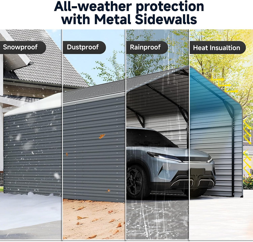 10x15FT Heavy Duty Metal Carport,Outdoor Garage with Metal Side Panels, Enclosed Car Ports with Heavy Duty Steel Frame and Galvanized Roof for Cars and Boats, Equipment Storage,Tools, Gray